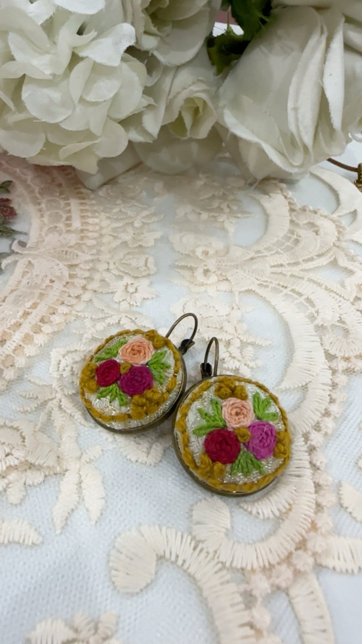 Vintage Rose Garden Hand-Embroidered Floral Statement Earrings