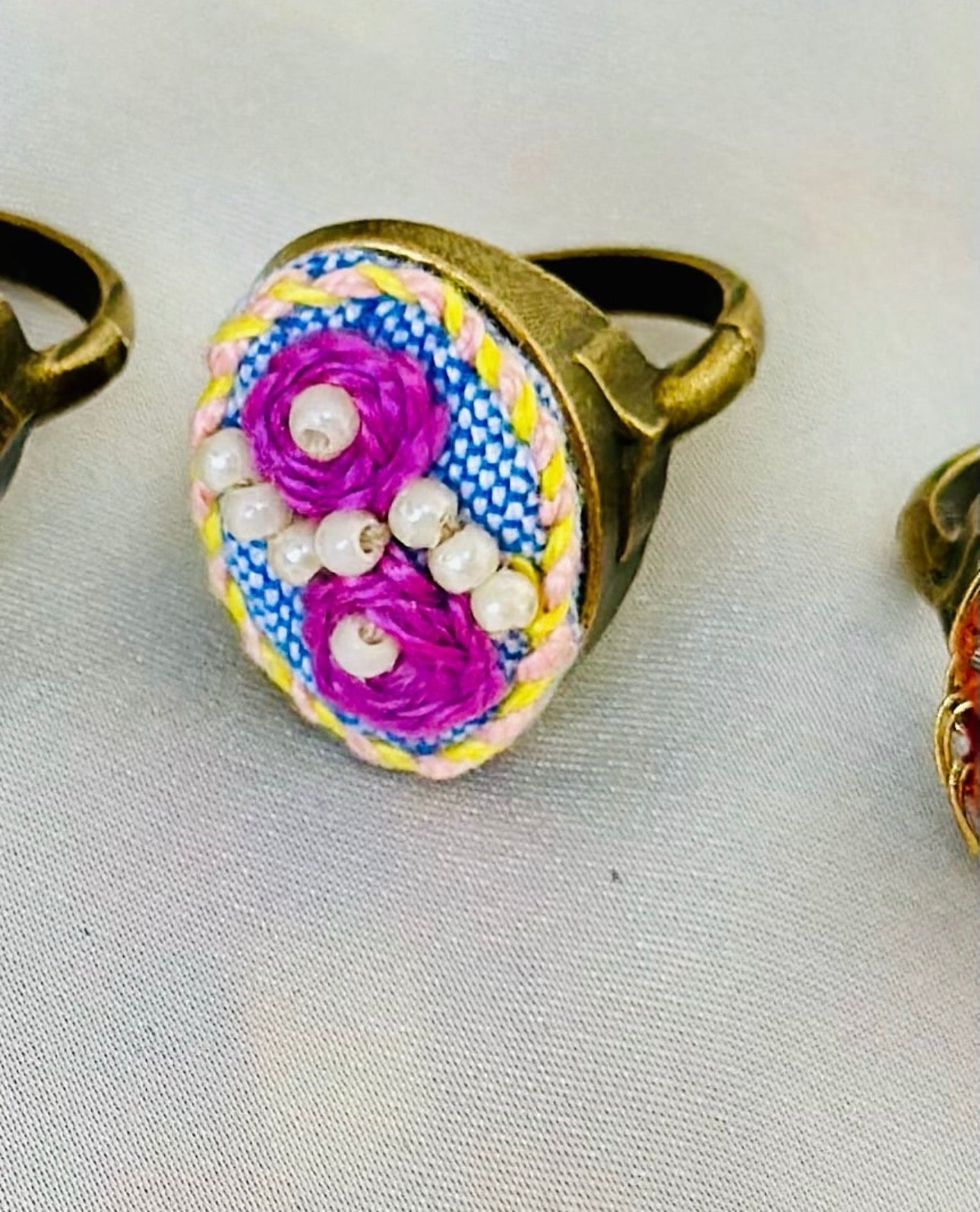 Hand-Embroidered Pink Rose & Pearl Vintage Statement Ring