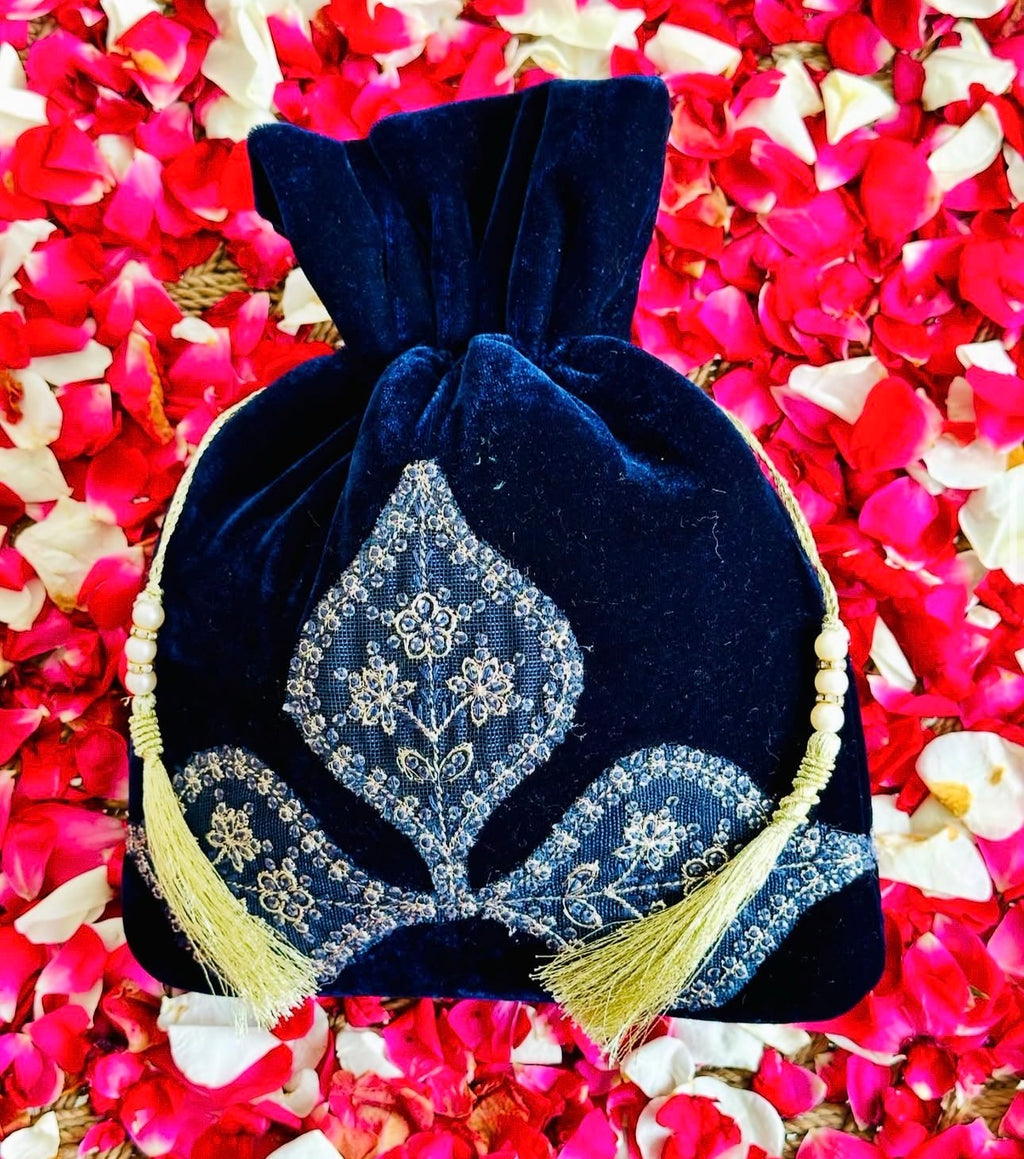Zaarina: Navy Velvet Potli Bag with Hand-Embroidered Zari