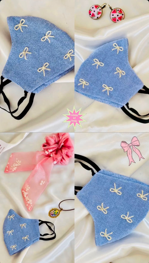 Hand Embroidered Bow Face Mask | Custom Linen & Cotton Mask