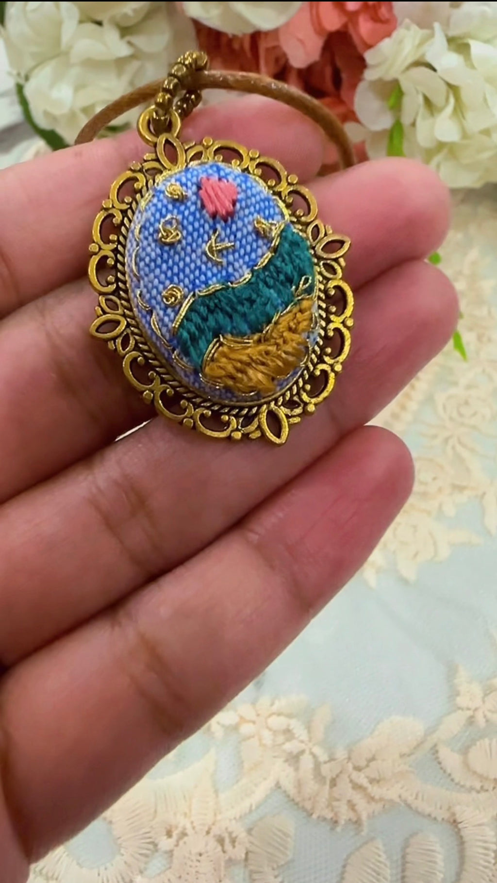 Golden Meadow Day Hand-Embroidered Landscape Pendant Necklace