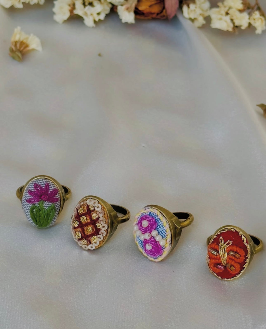 Hand-Embroidered Pink Rose & Pearl Vintage Statement Ring