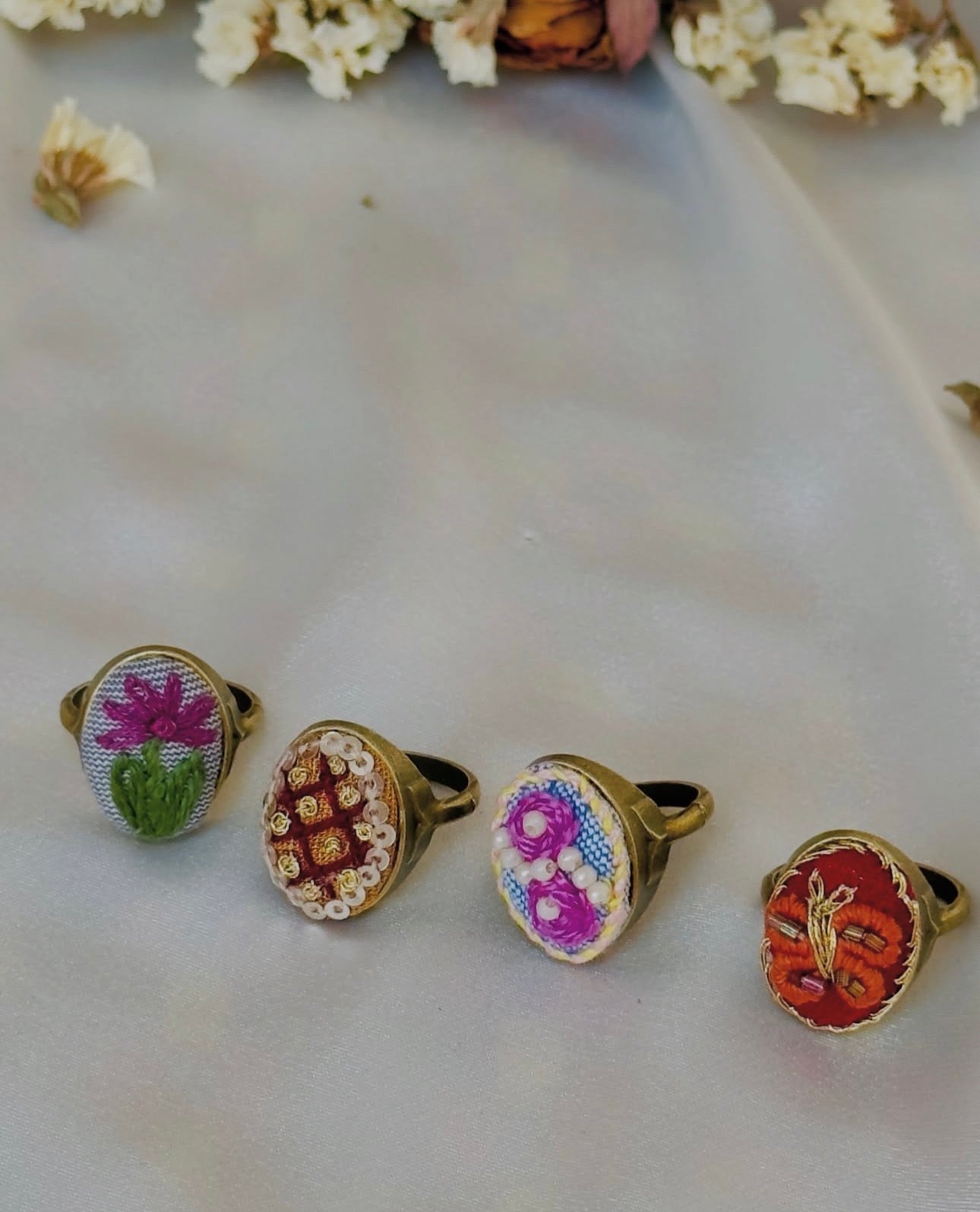 Hand-Embroidered Pink Rose & Pearl Vintage Statement Ring