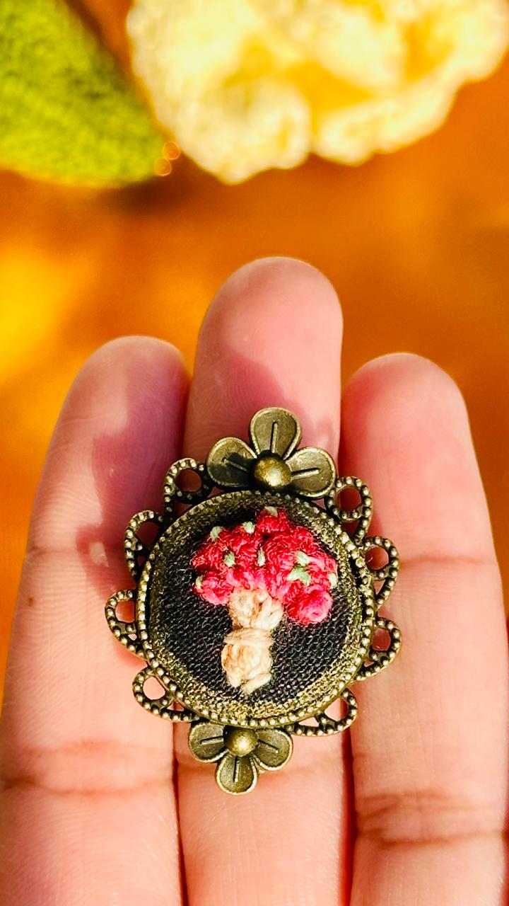 The "Petal & Posy" Hand-Embroidered Ring- Vintage Bronze Filigree Flower Jewelry