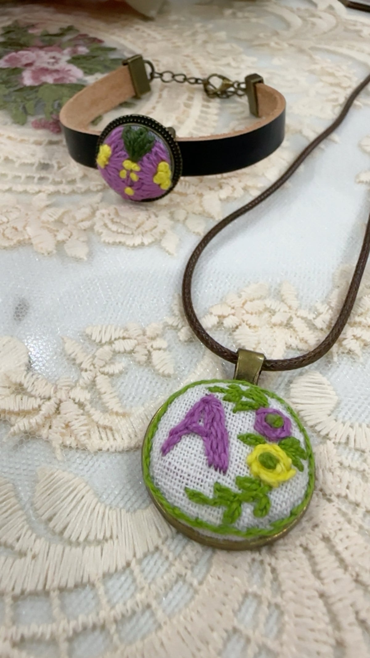 Botanical Monogram Custom Hand-Embroidered Initial Pendant Necklace