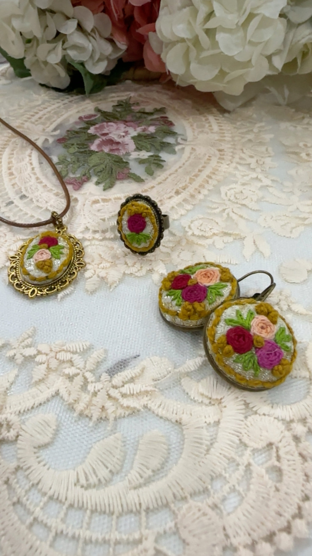 Vintage Rose Garden Hand-Embroidered Floral Statement Ring