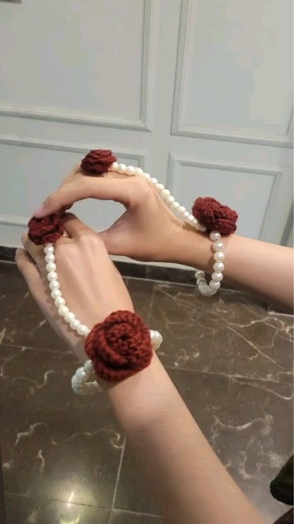 Deep Red Rose & Pearl Strand Connected Ring Bracelet (Haathphool)