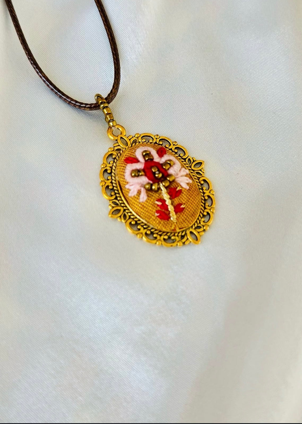 Ruby Elfin Whimsical Hand-Embroidered Floral Pendant