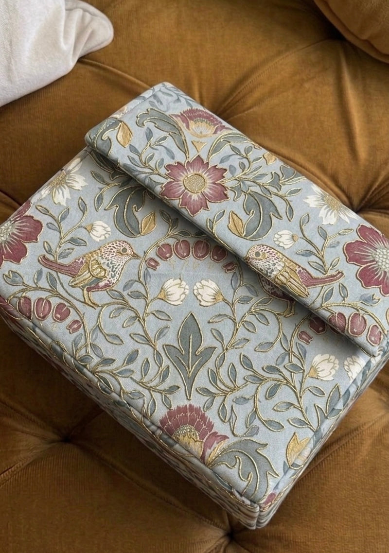 Hand-Embroidered Floral & Bird Print Clutch - Vintage Grey with Gold Tilla Detail