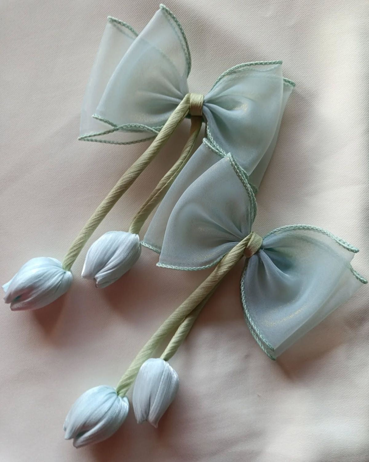 Handmade Tulip Bow Hair Clip - Ethereal Blue Floral Hairpin