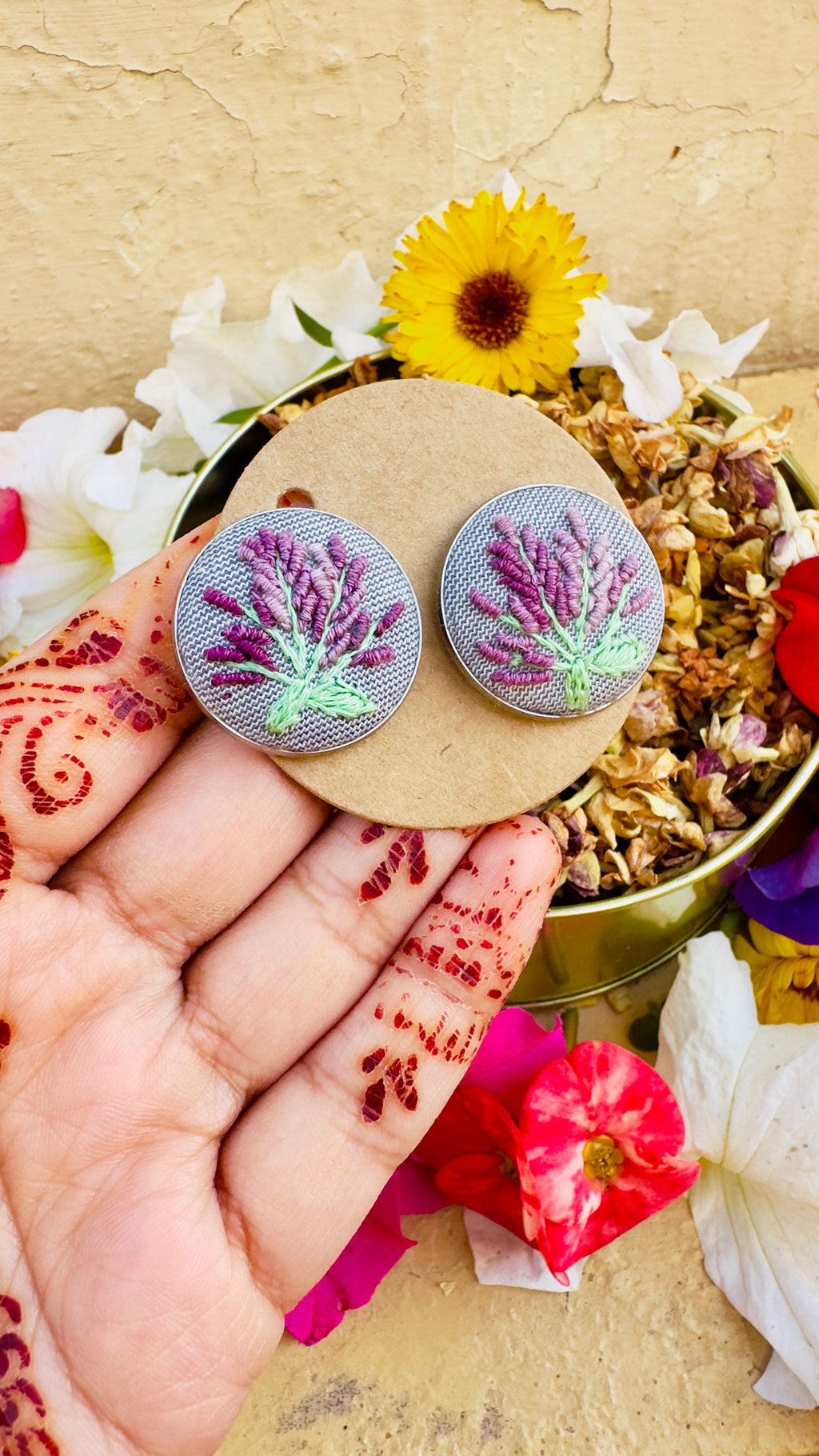Lavender Bloom Hand-Embroidered Floral Stud Earrings - Baagh
