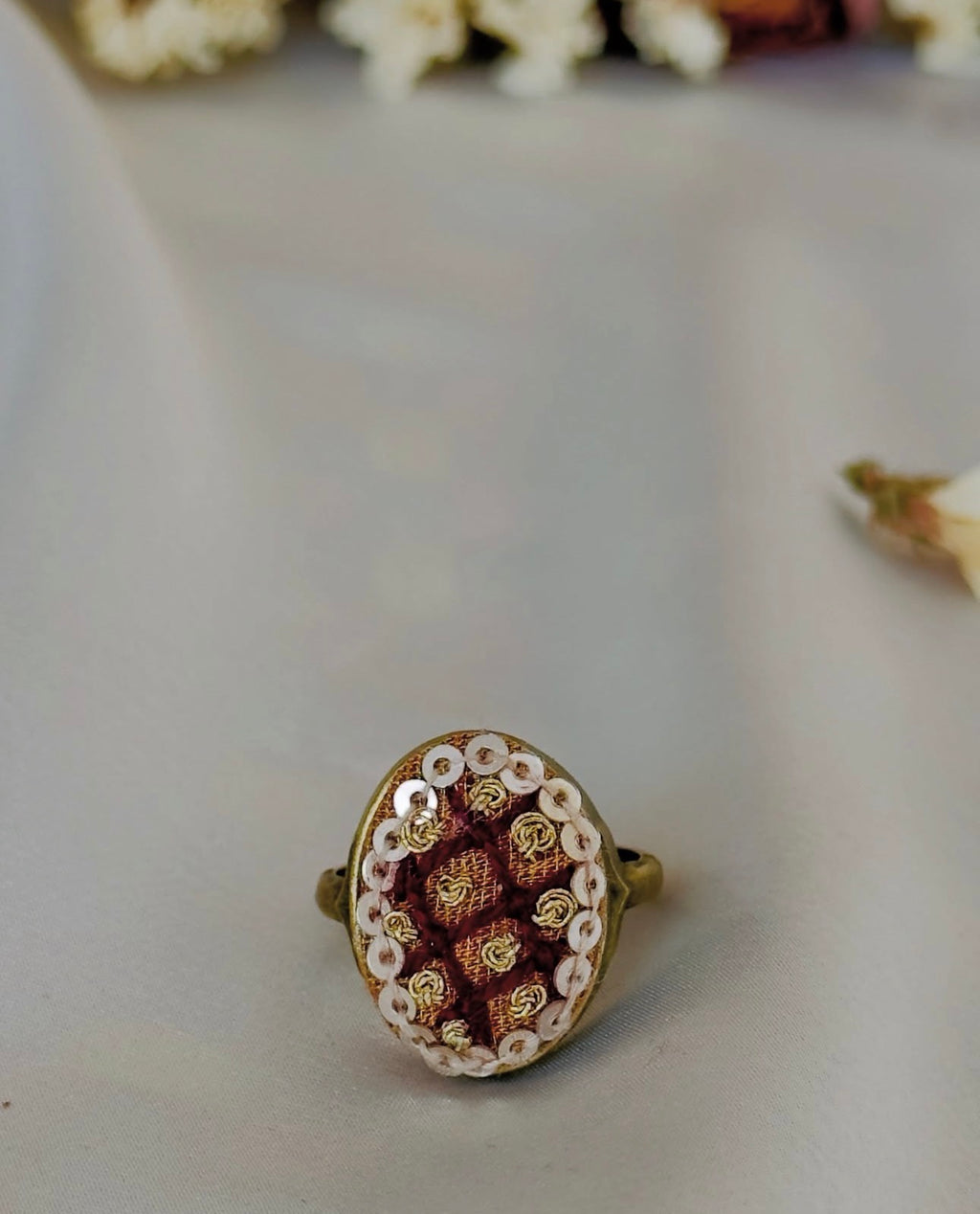Hand-Embroidered Maroon & Gold Vintage Style Statement Ring