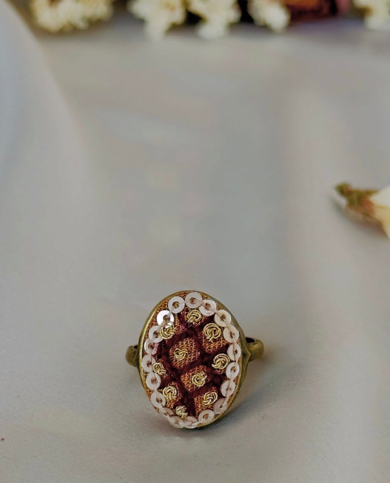 Hand-Embroidered Maroon & Gold Vintage Style Statement Ring