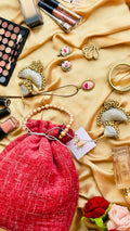 Gulaab: Red Imported Velvet Potli Bag with Pearl Handle