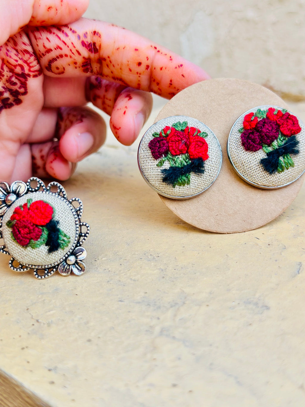 Red Rose Bouquet Hand-Embroidered Stud Earrings