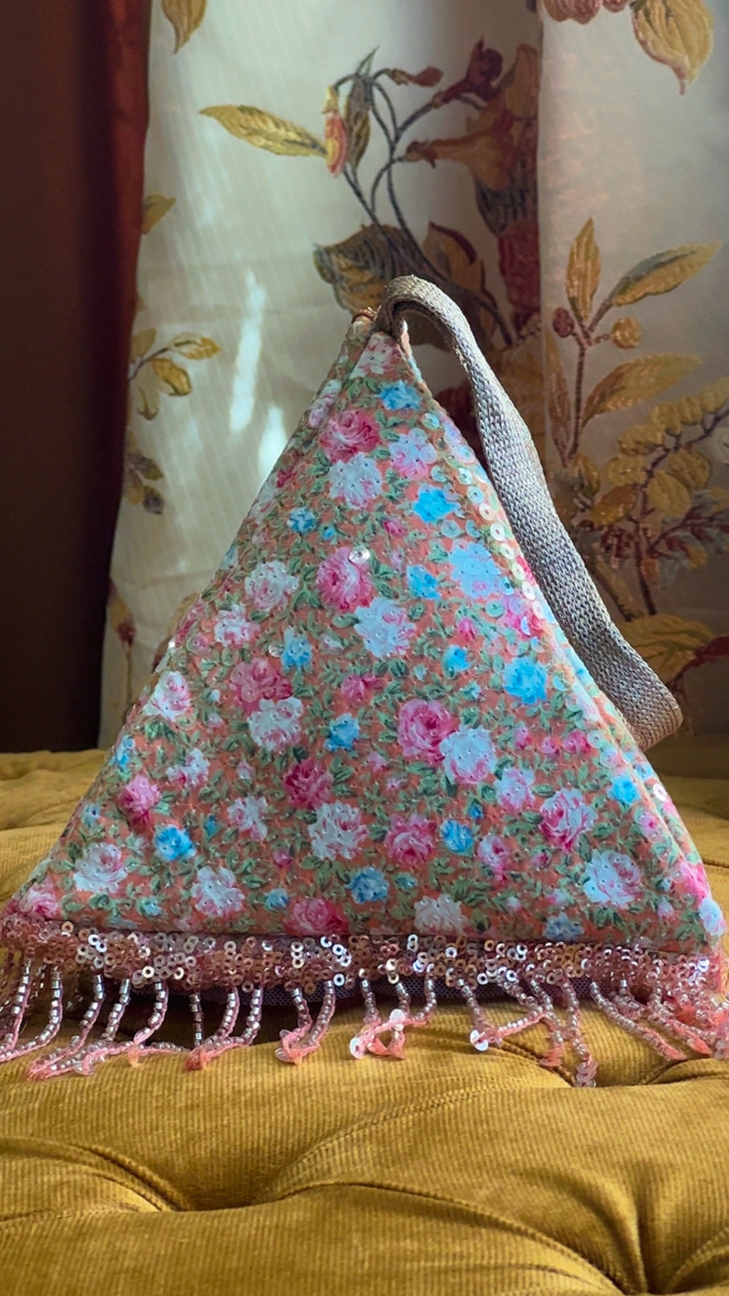 Peach Peony: Handmade Triangle Floral Bag with Beaded Fringe