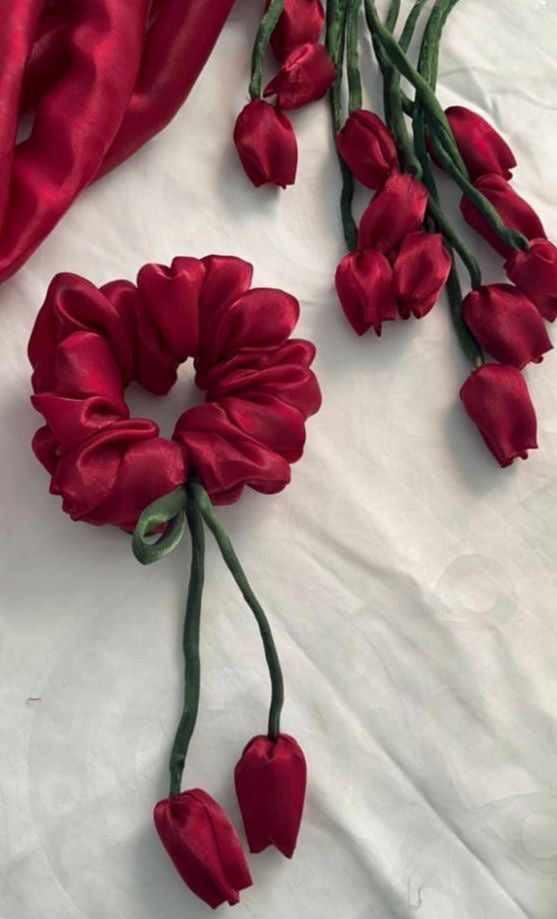 Handmade Silk Tulip Scrunchie - Red Floral Hair Accessory