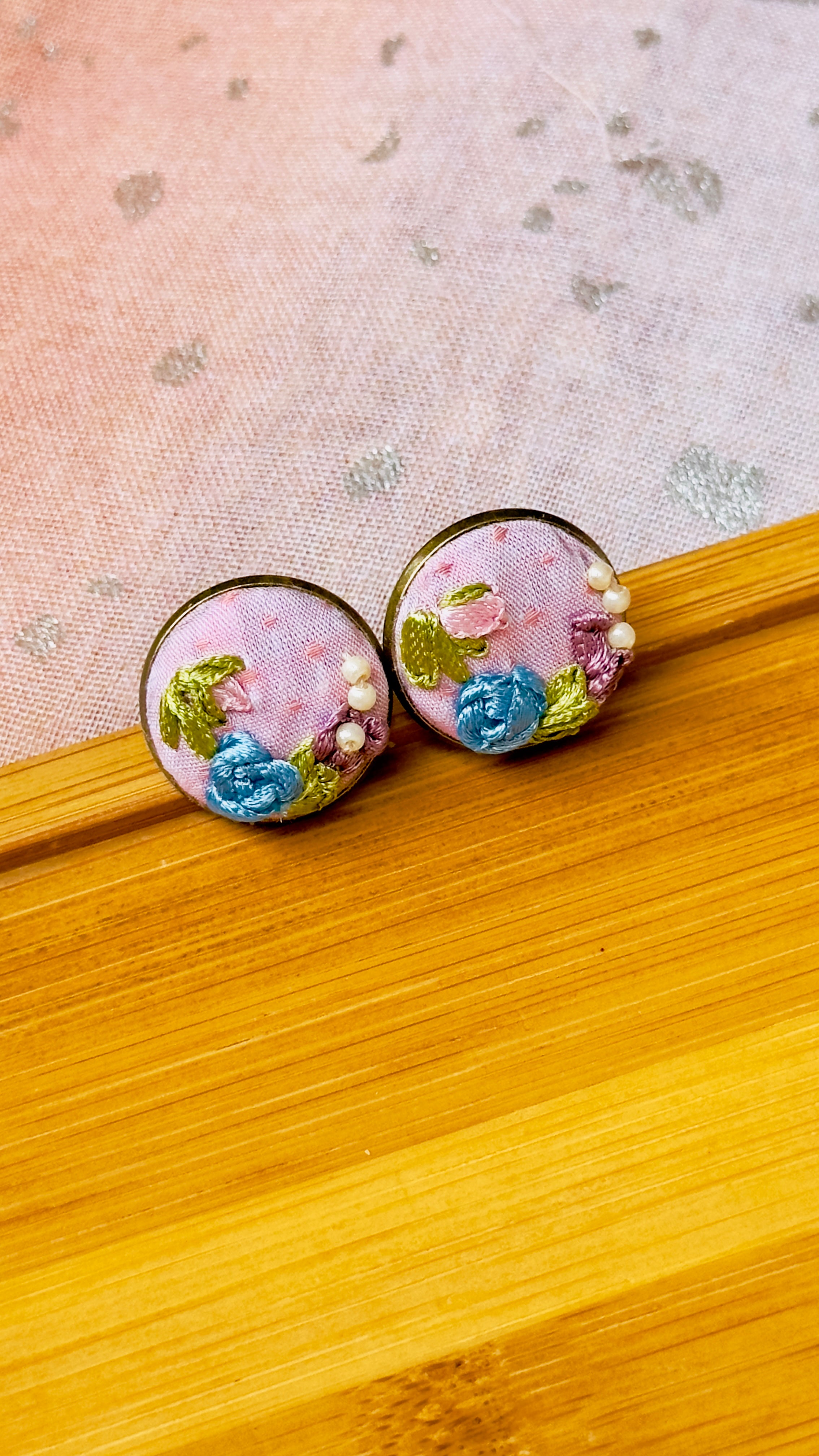 Pink & Blue Rose Hand-Embroidered Ribbon Stud Earrings - Neelam