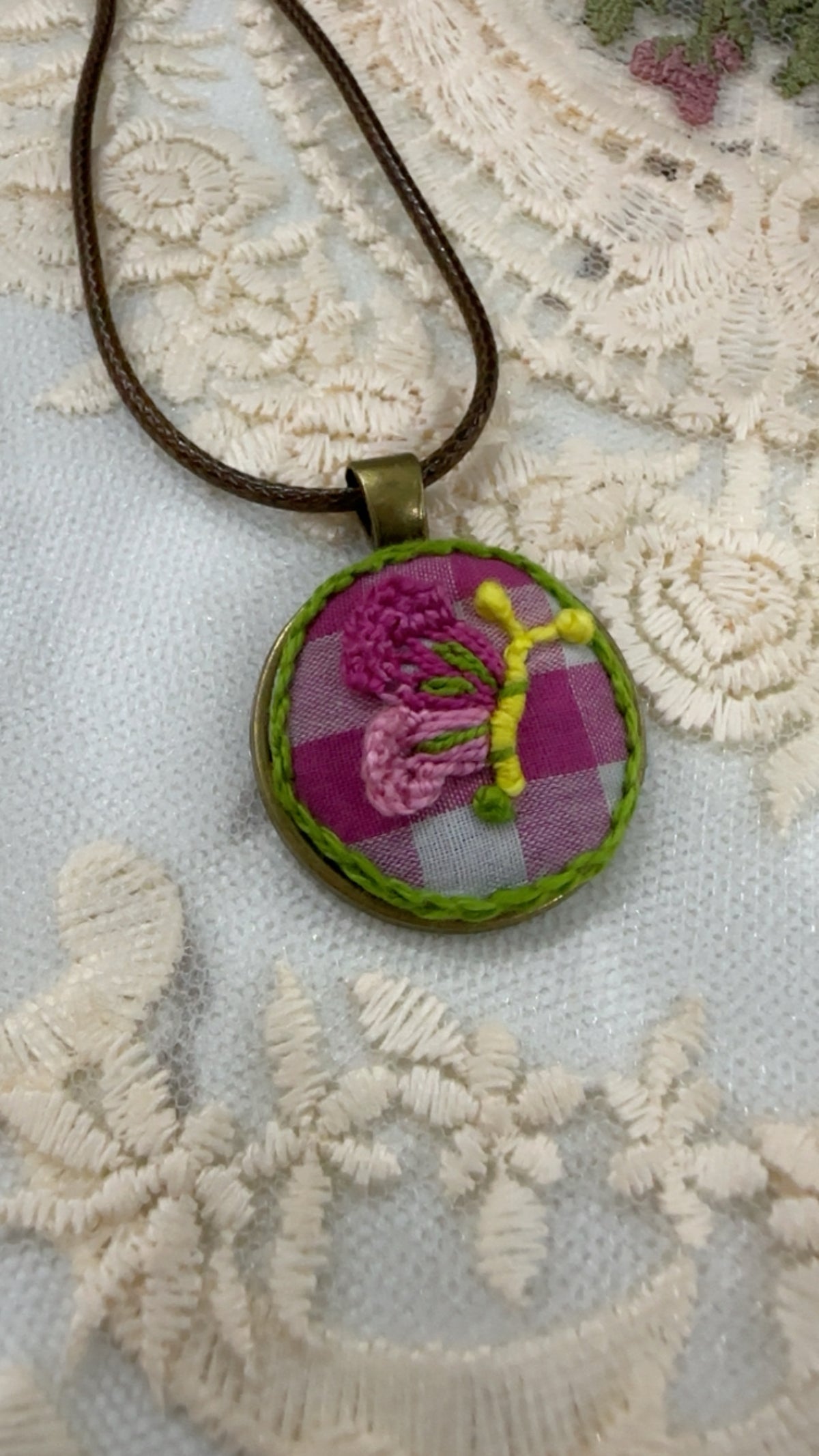 Fluttering Petals Hand-Embroidered Butterfly Pendant Necklace