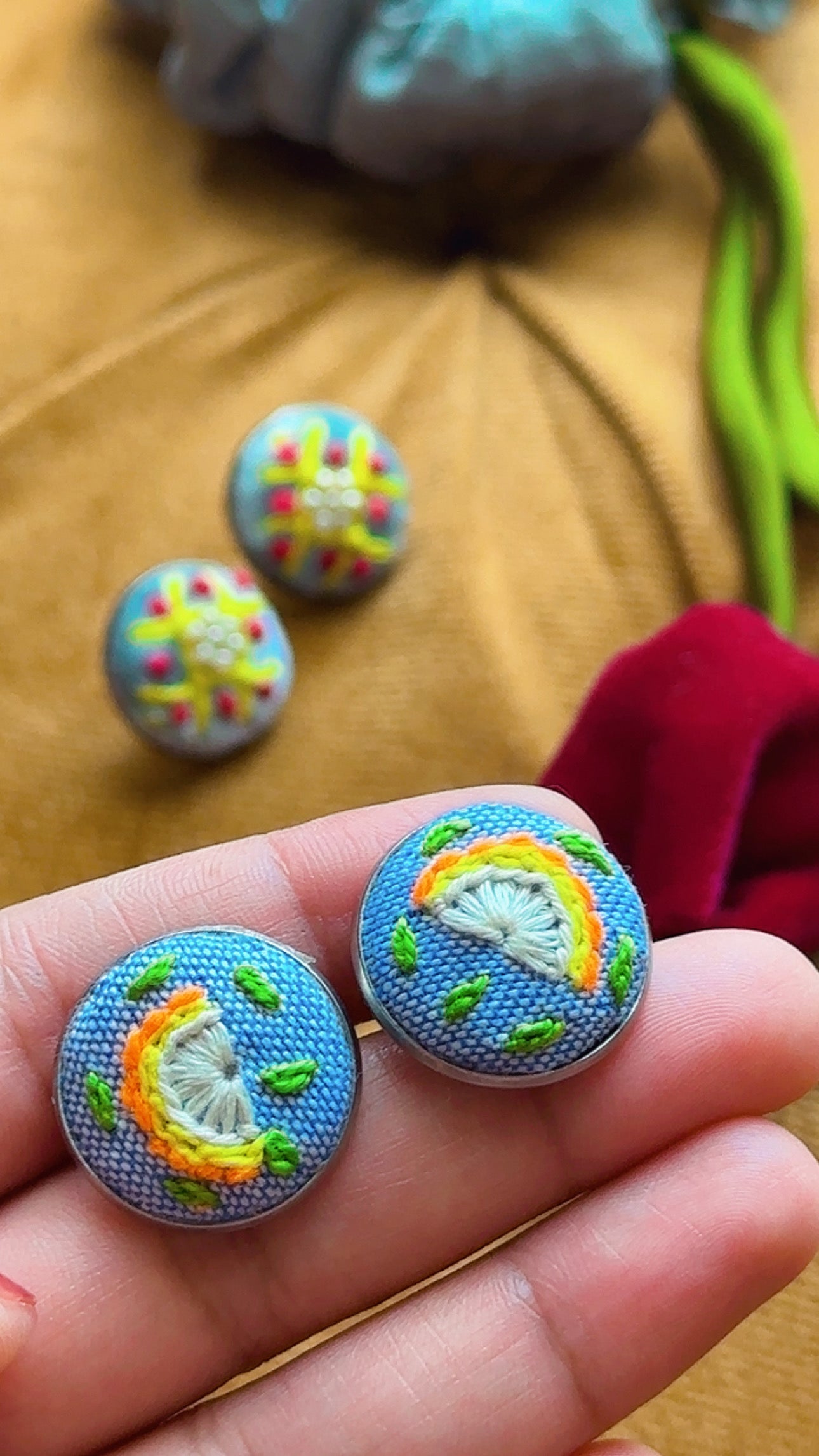 Zesty Citrus Hand-Embroidered Studs