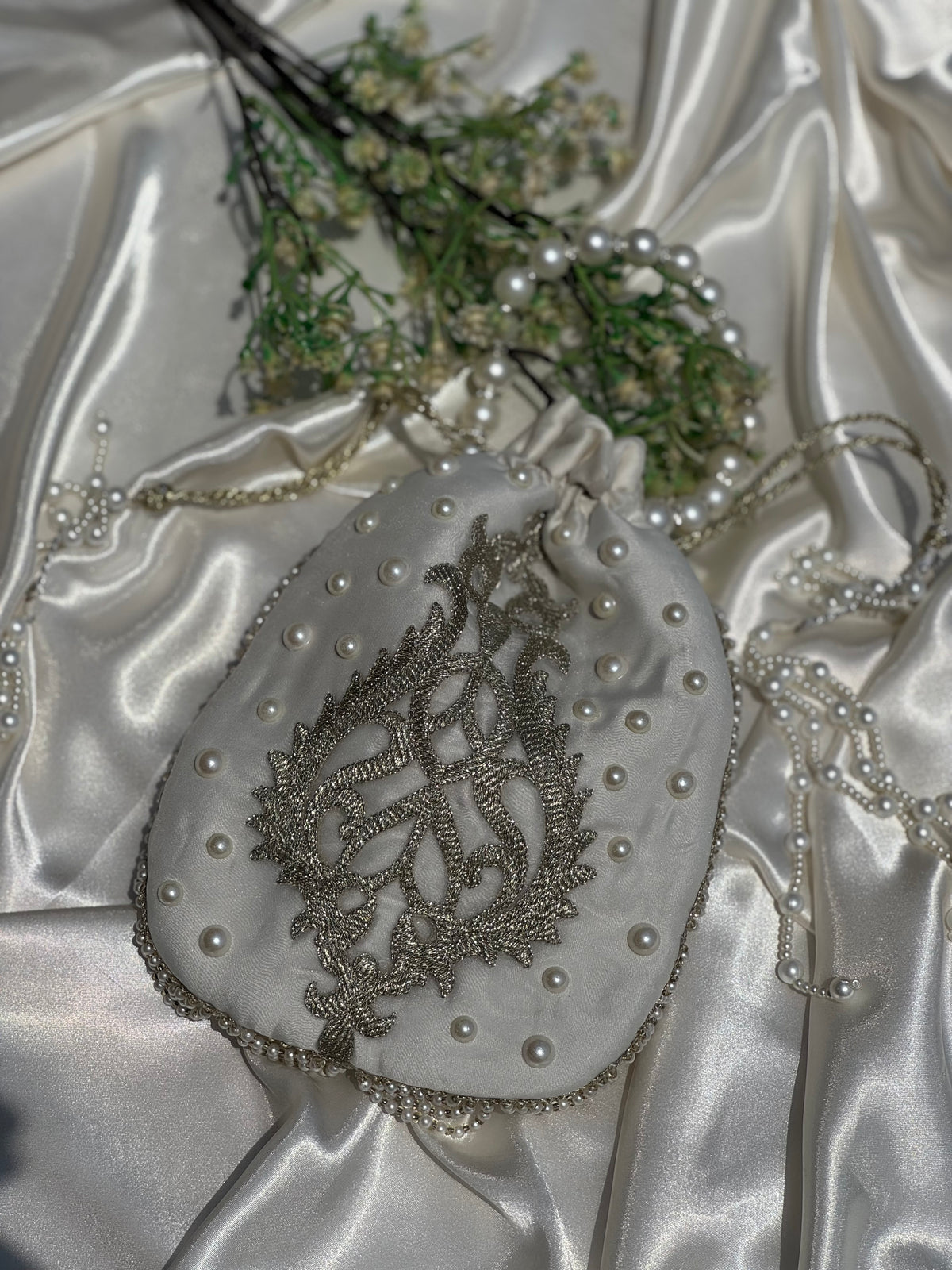 Ivory Heirloom Hand-Embroidered Pearl Potli Bag | Bridal & Wedding Wristlet