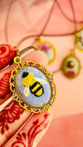Hand Embroidered Bumblebee Pendant – 3D Bee Textile Art Necklace