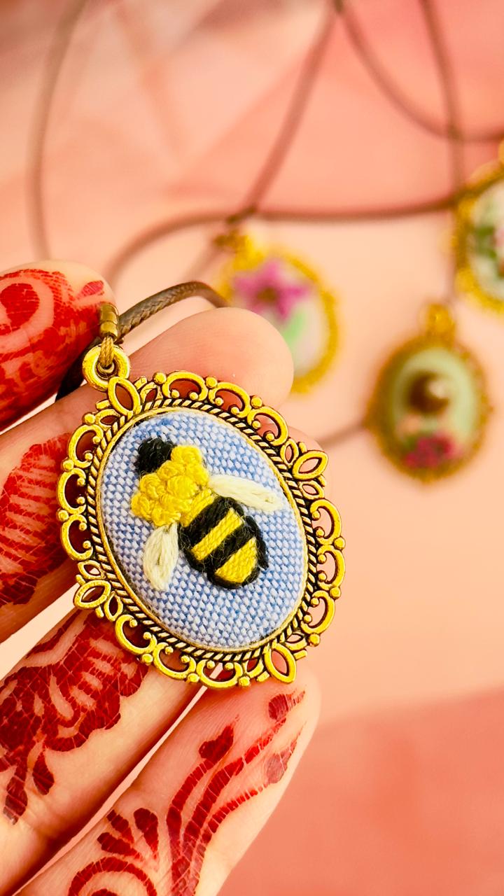 Hand Embroidered Bumblebee Pendant – 3D Bee Textile Art Necklace
