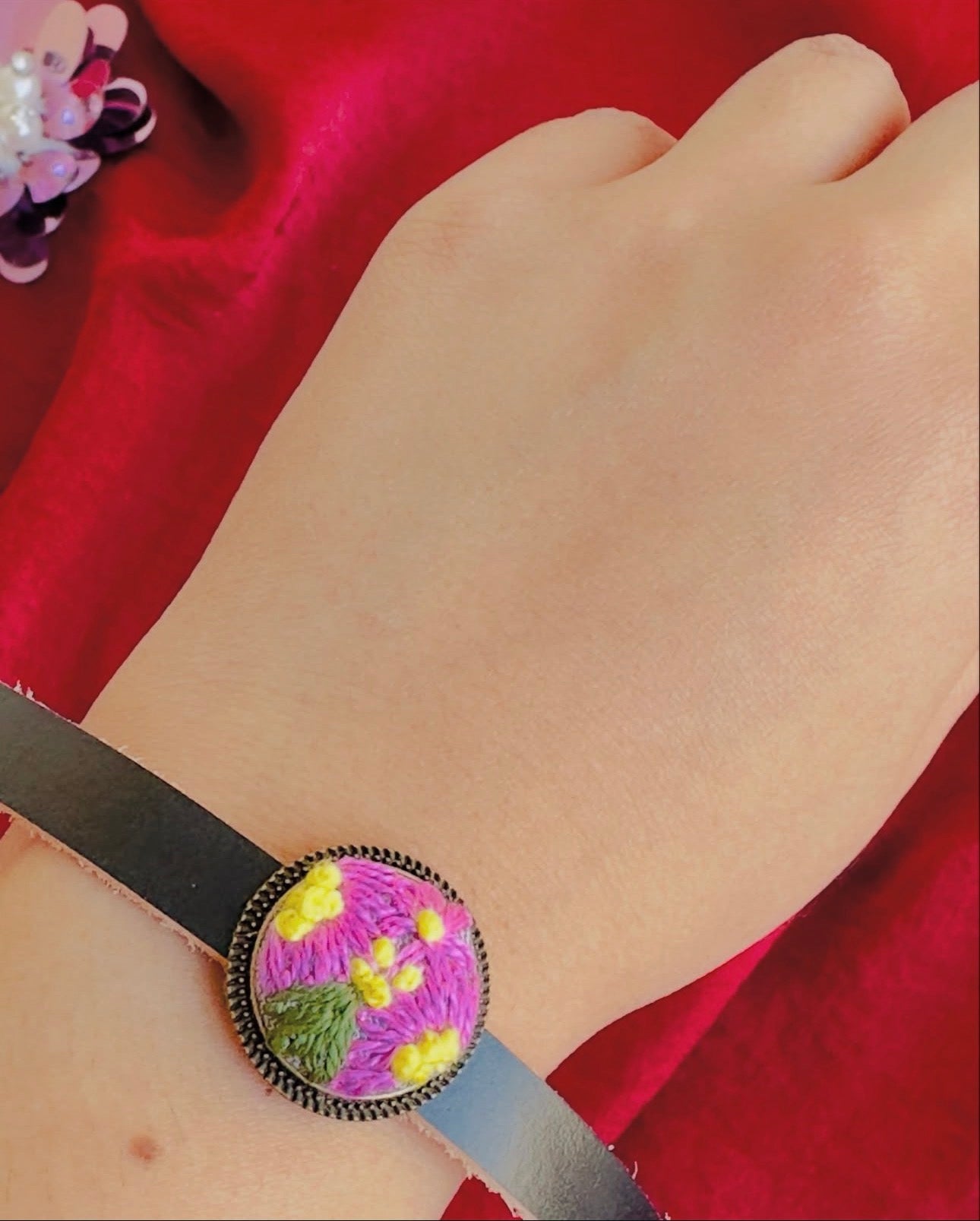 Handmade Floral Embroidery Leather Bracelet - Purple Bloom