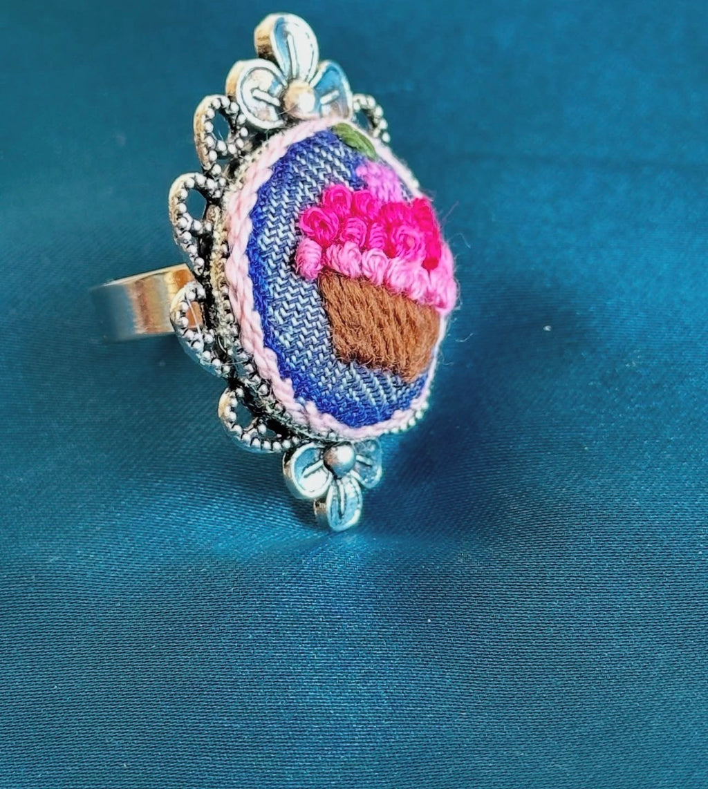 Hand-Embroidered Pink Cupcake Denim Statement Ring - Silver