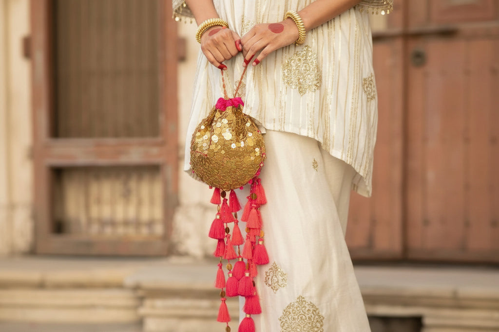 Shahnoor: Hand-Embellished Pink & Gold Potli Bag