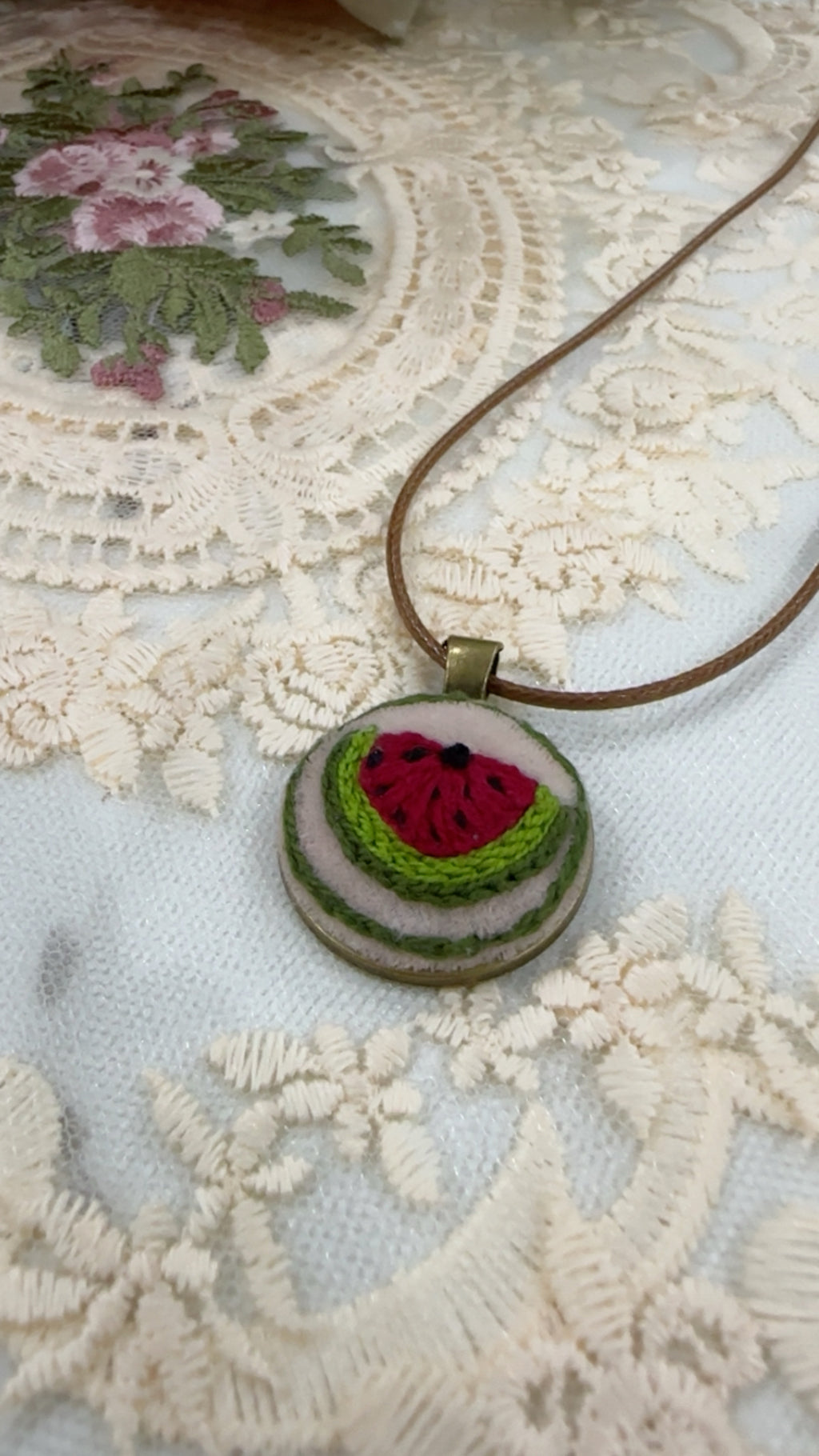 Summer Slice Watermelon Hand-Embroidered Kid-Friendly Pendant Necklace