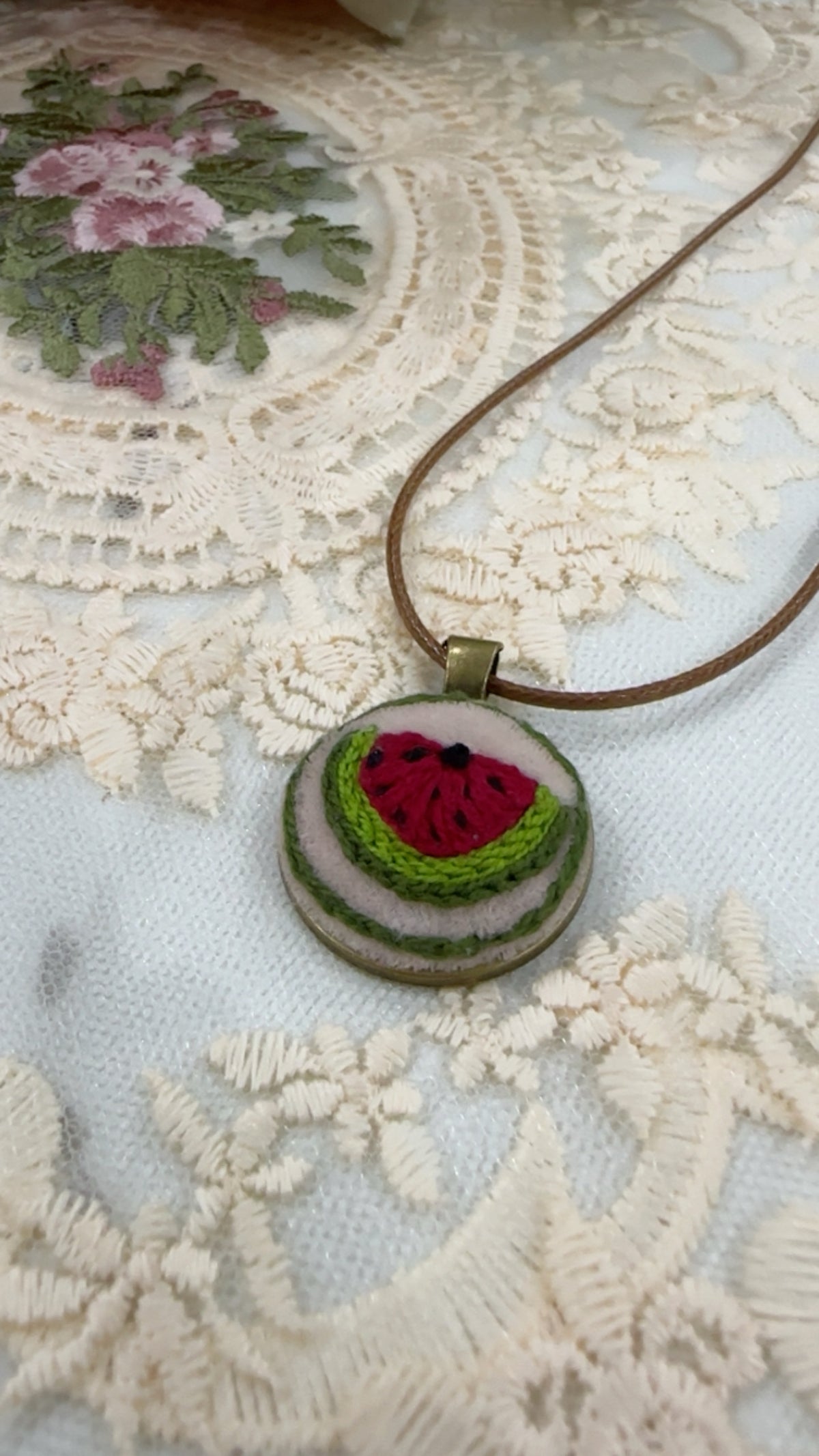 Summer Slice Watermelon Hand-Embroidered Kid-Friendly Pendant Necklace