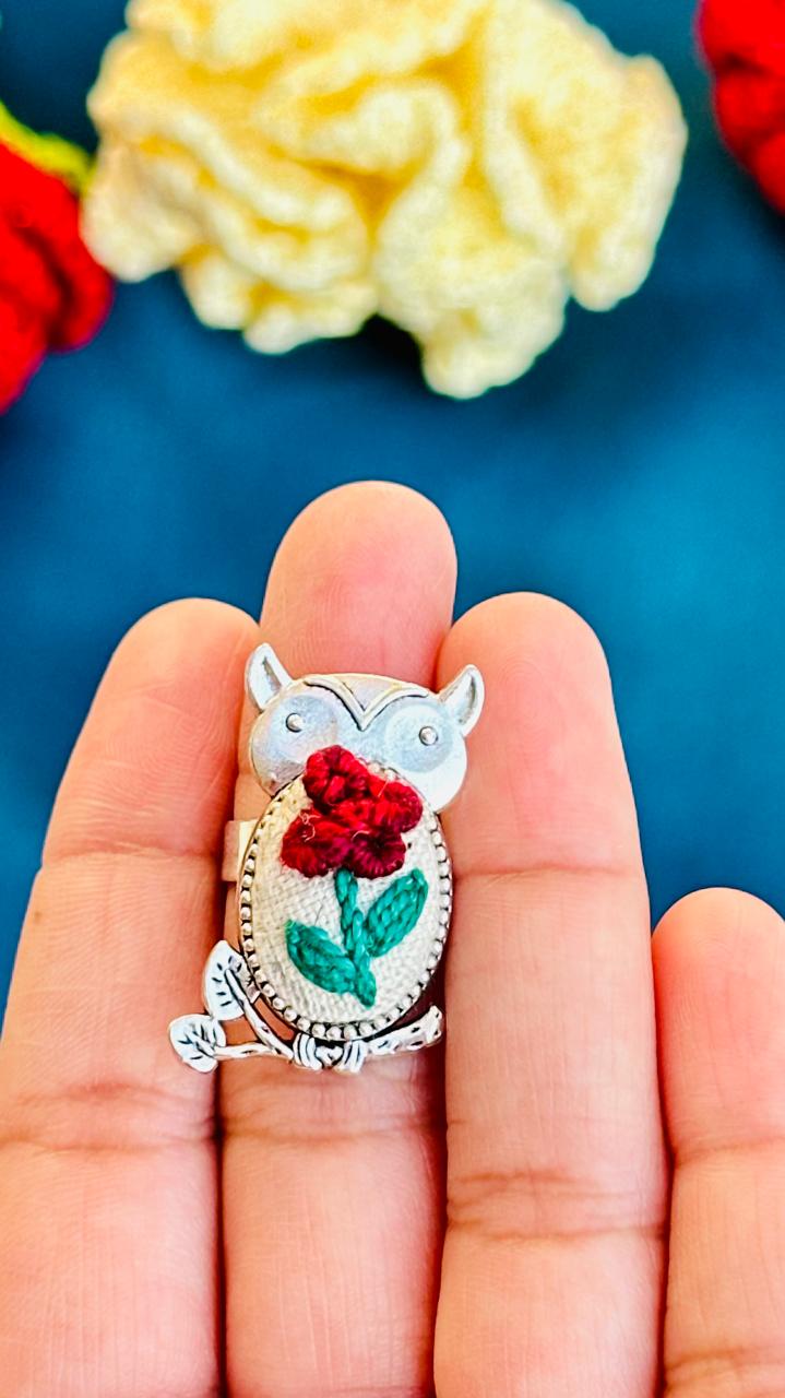 The "Silver Sage" Hand-Embroidered Owl Ring