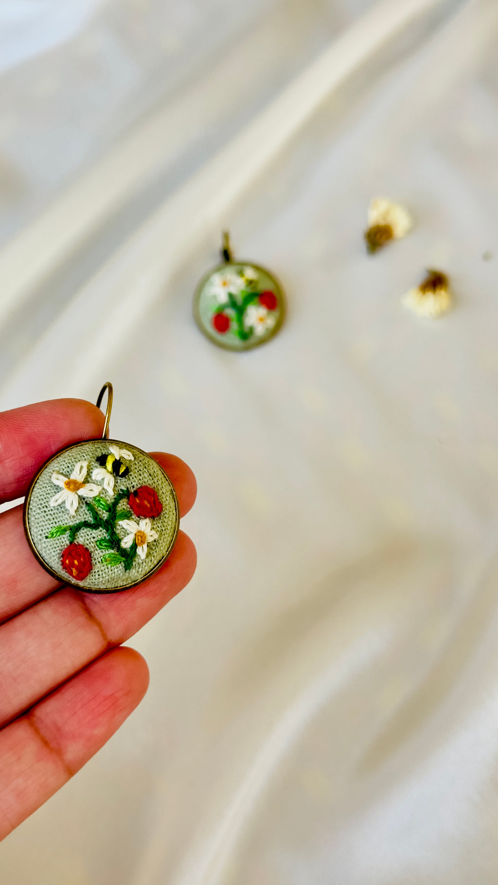 Strawberry & Bumblebee Hand-Embroidered Drop Earrings - Zeba