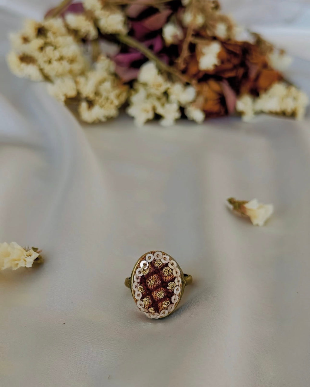 Hand-Embroidered Maroon & Gold Vintage Style Statement Ring