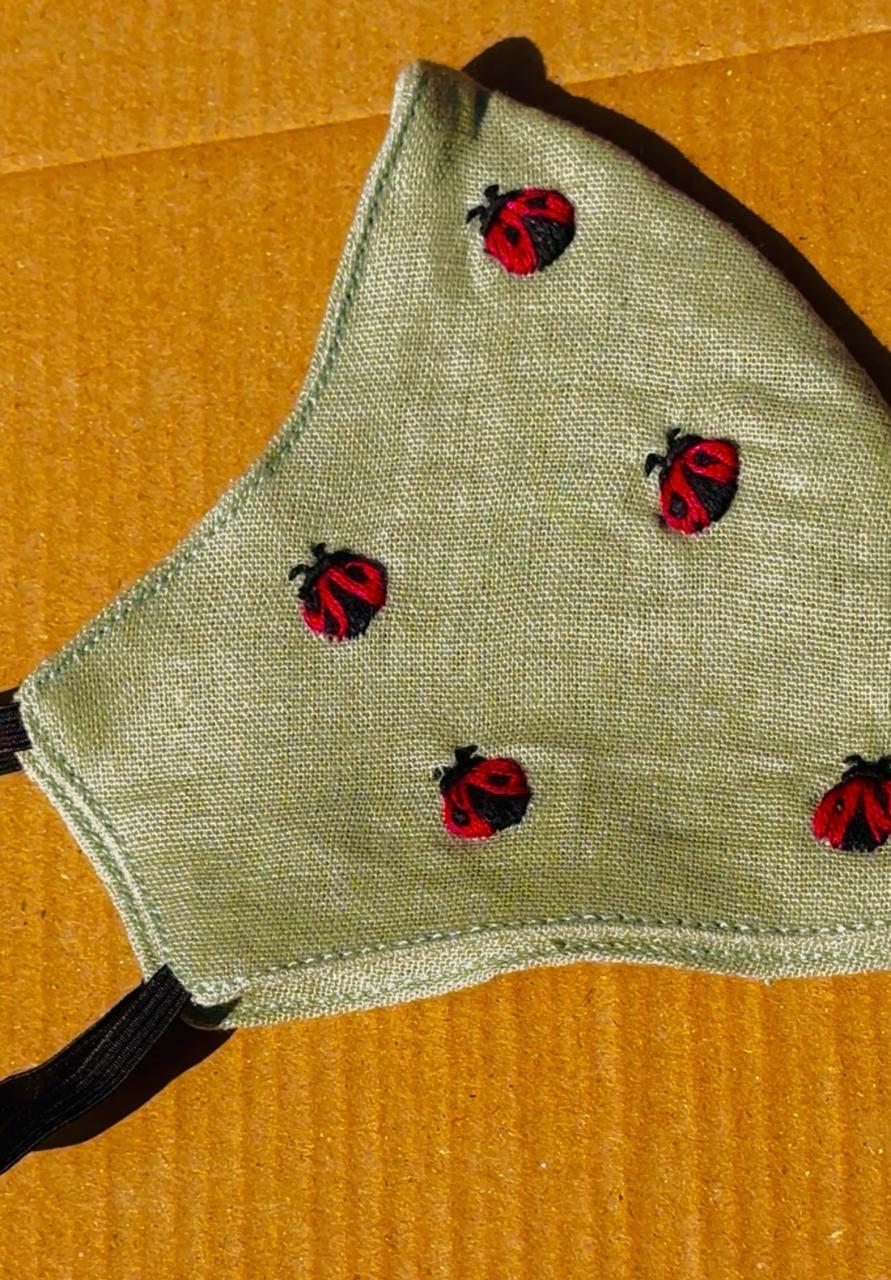 Hand-Embroidered Ladybug Face Mask – Sage Green Linen Cotton Blend – Breathable & Adjustable
