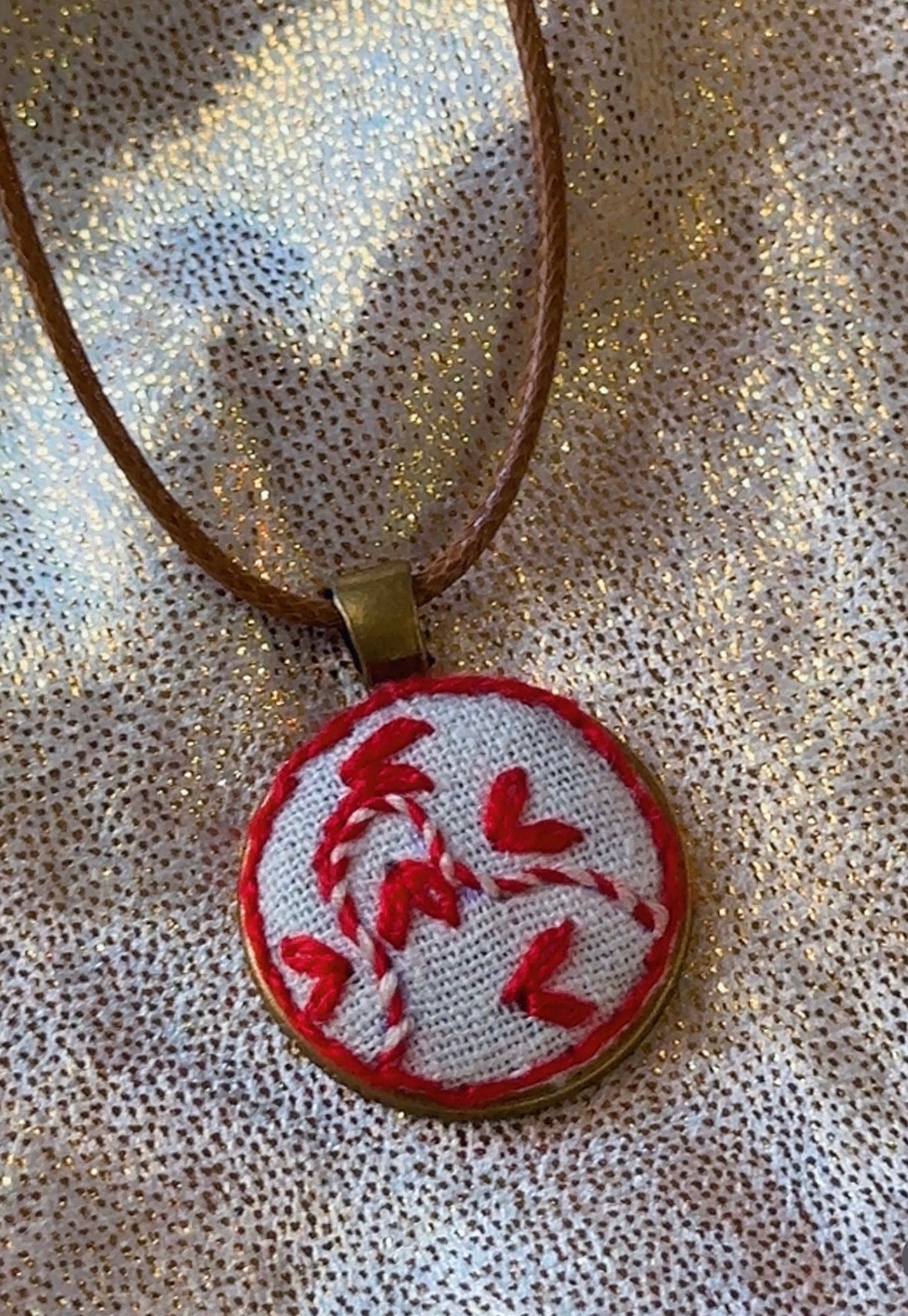 The Ruby Vine Heart Hand Embroidered Pendant