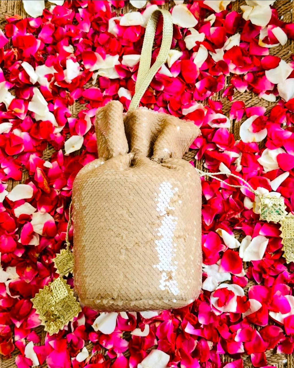 Sohaan: Champagne Gold Sequin Bucket Bag with Gota Tassels