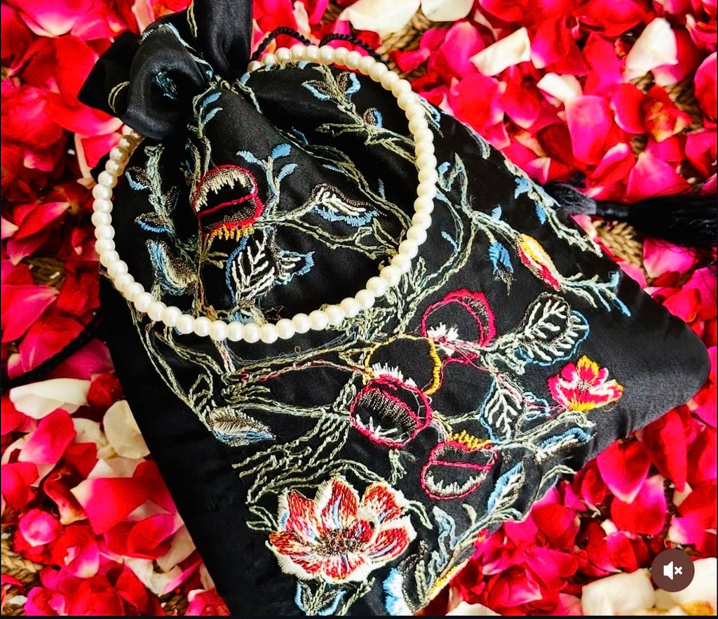 Zaiba: Black Organza Potli Bag with Floral Embroidery