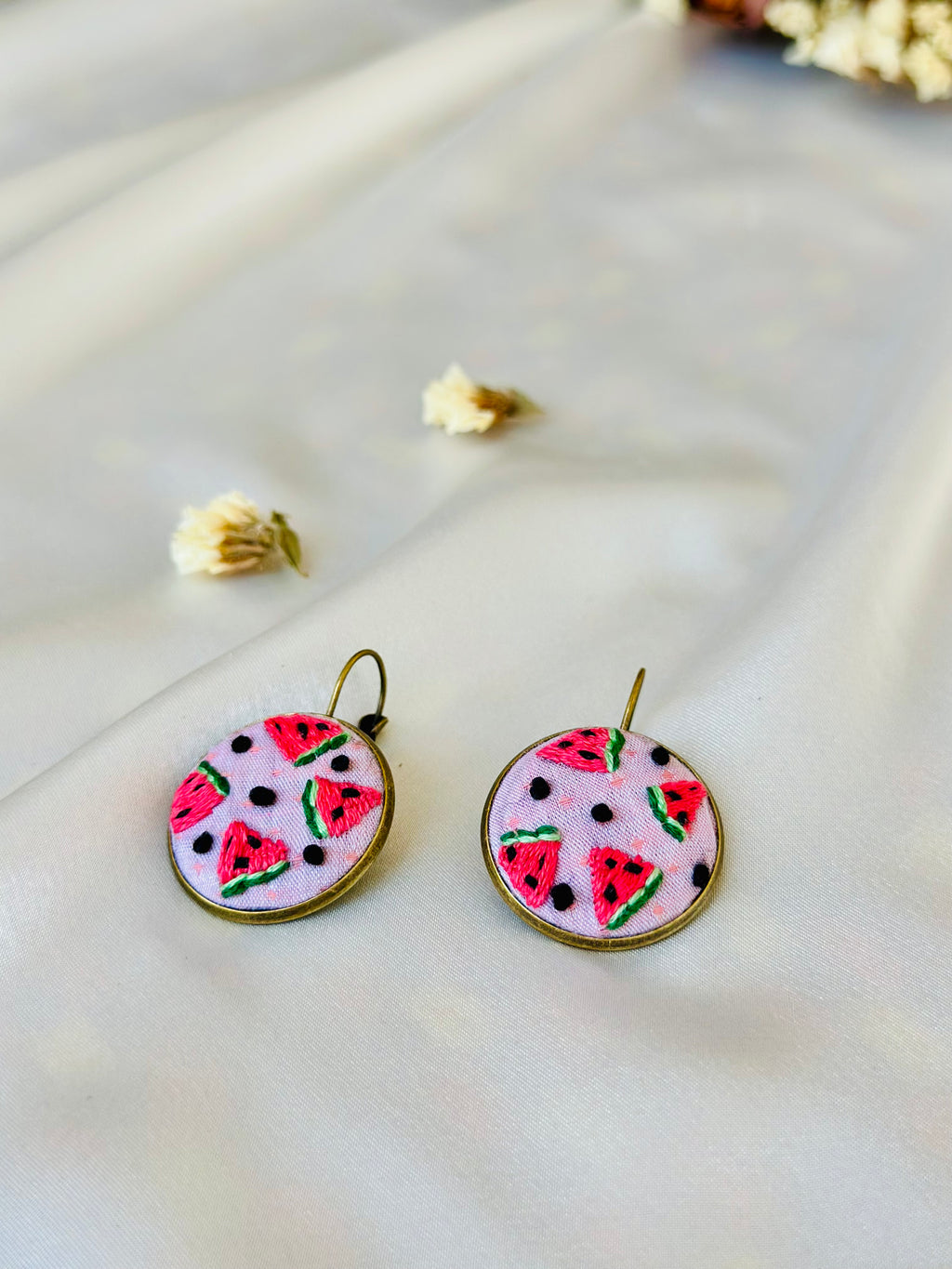 Summer Watermelon Hand-Embroidered Drop Earrings