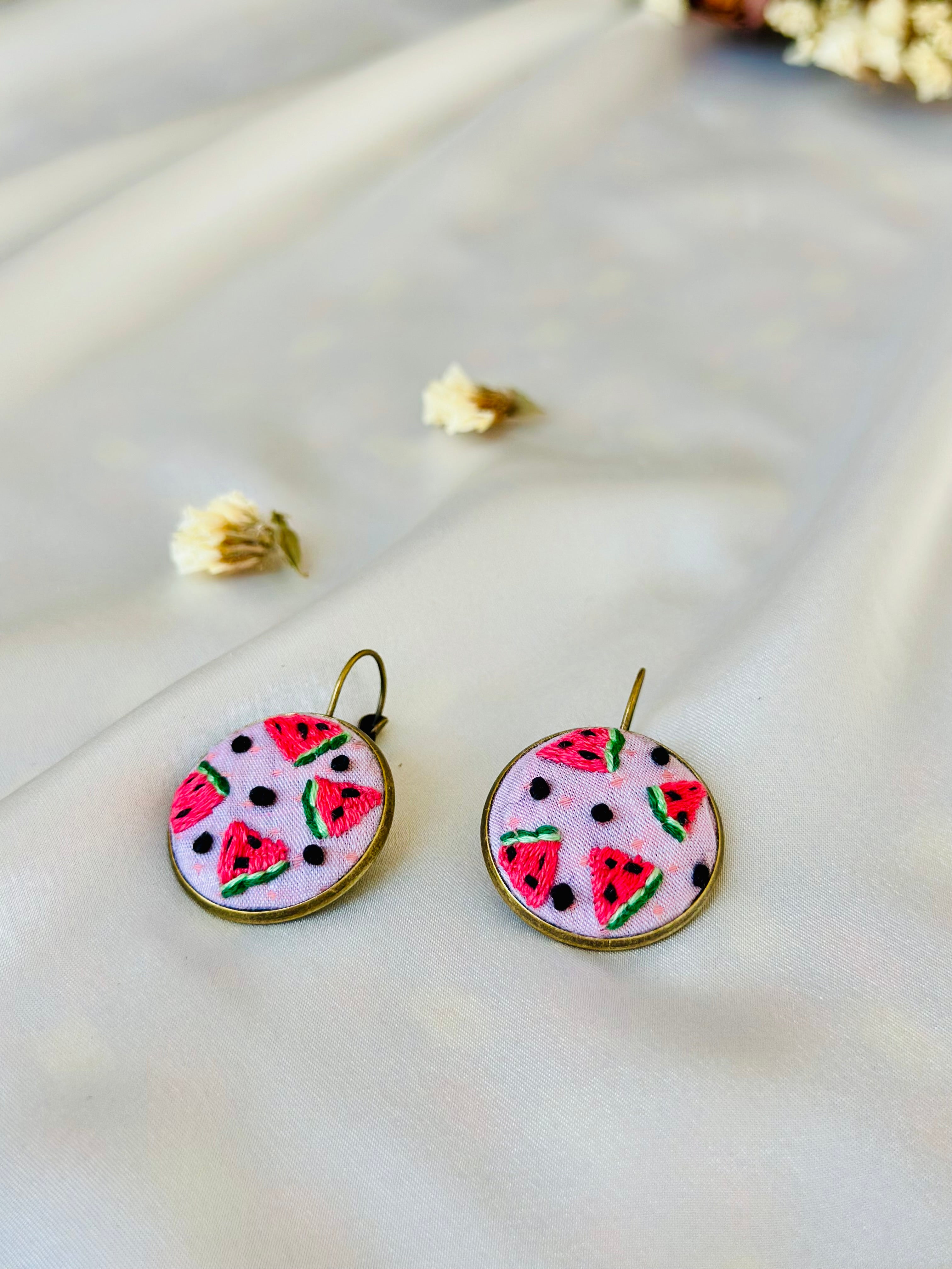 Summer Watermelon Hand-Embroidered Drop Earrings