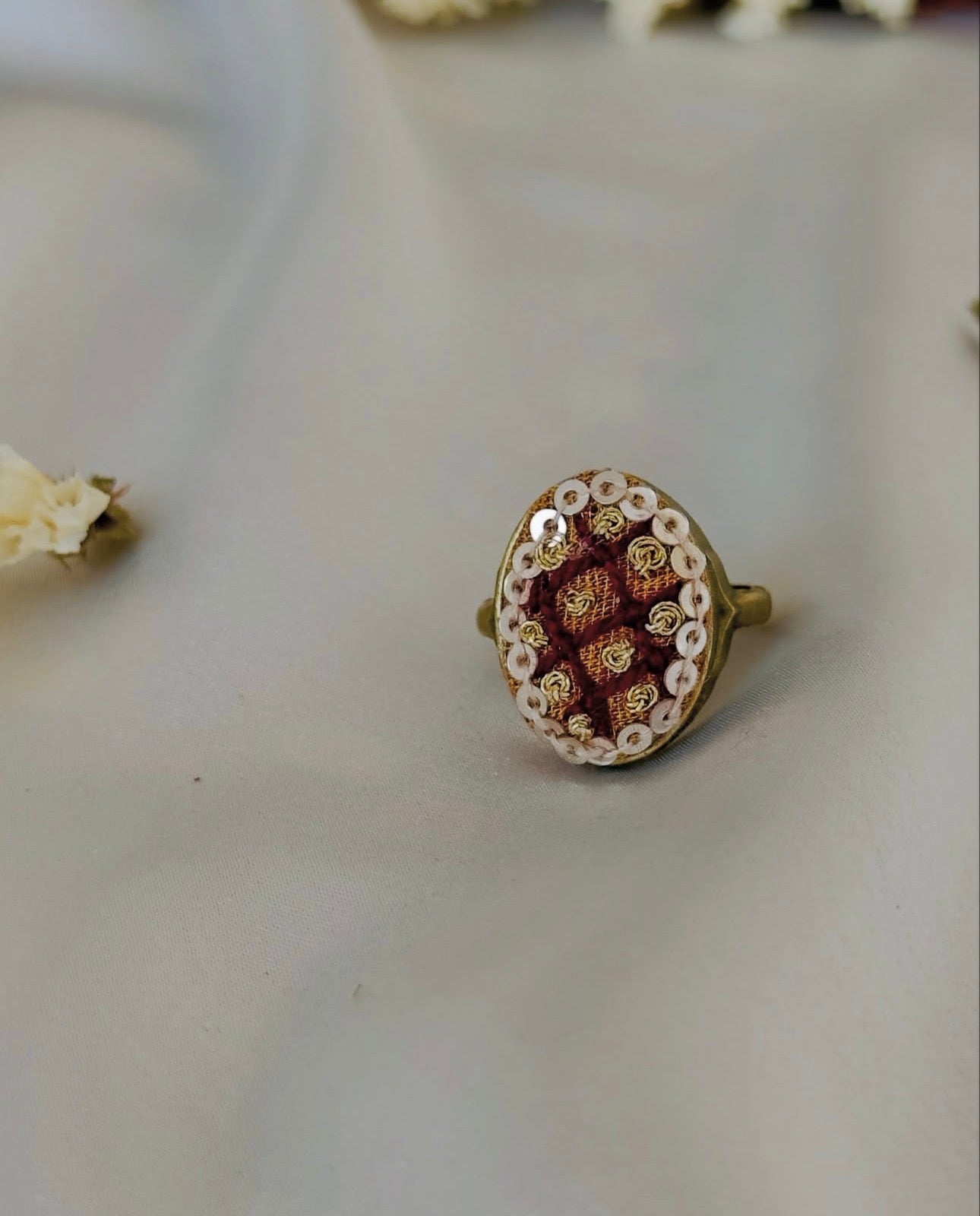 Hand-Embroidered Maroon & Gold Vintage Style Statement Ring