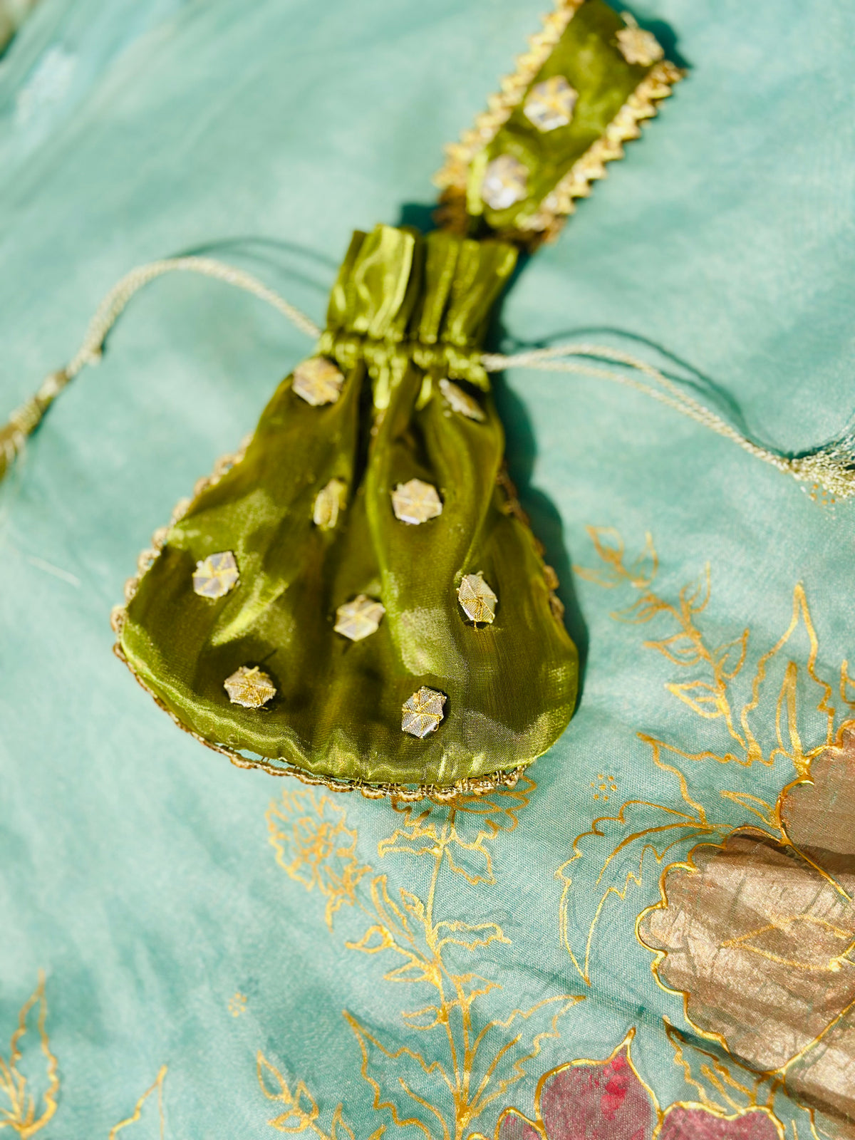 Zamurd Handcrafted Olive Green Gota Work Potli Bag
