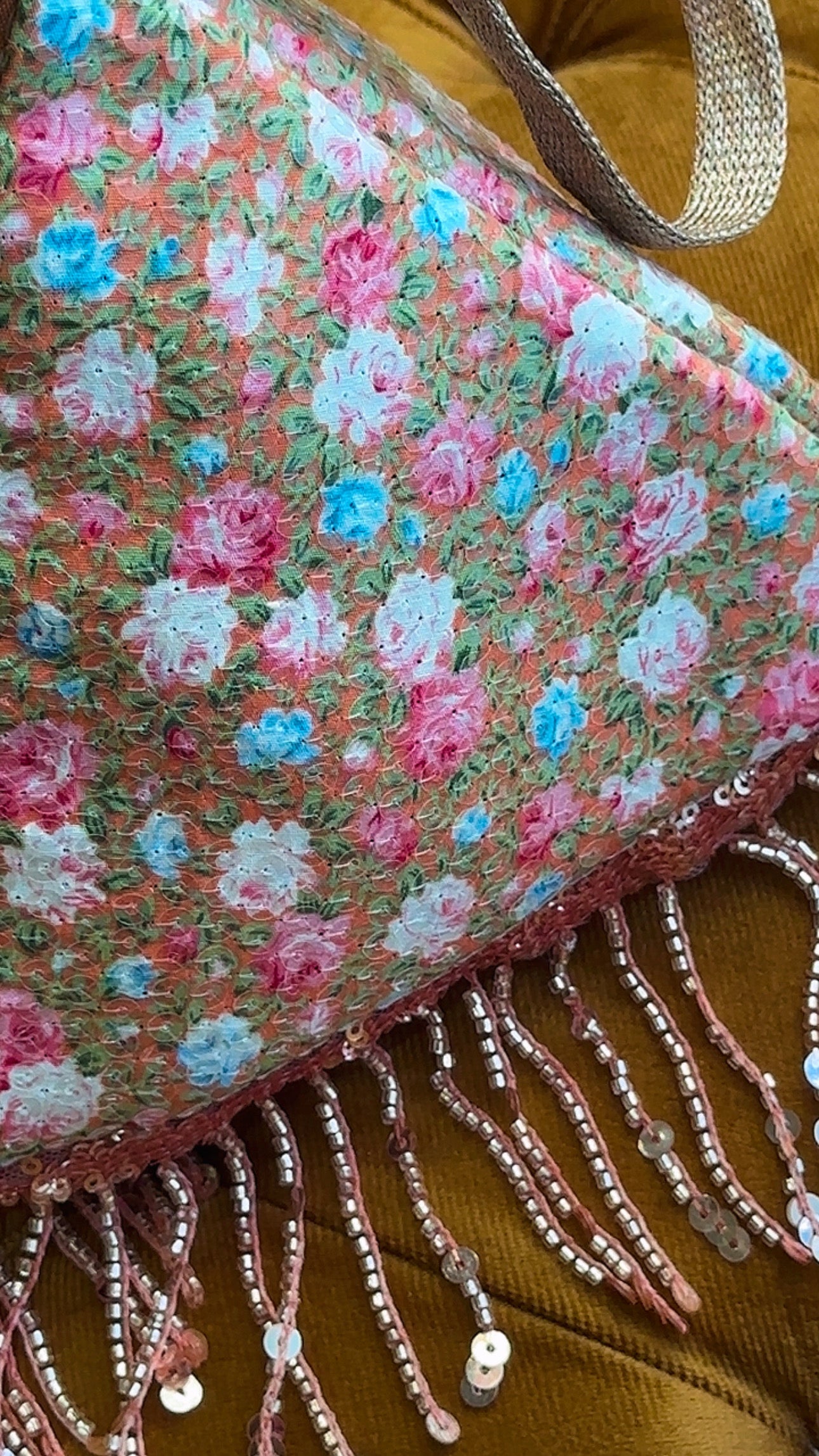 Peach Peony: Handmade Triangle Floral Bag with Beaded Fringe