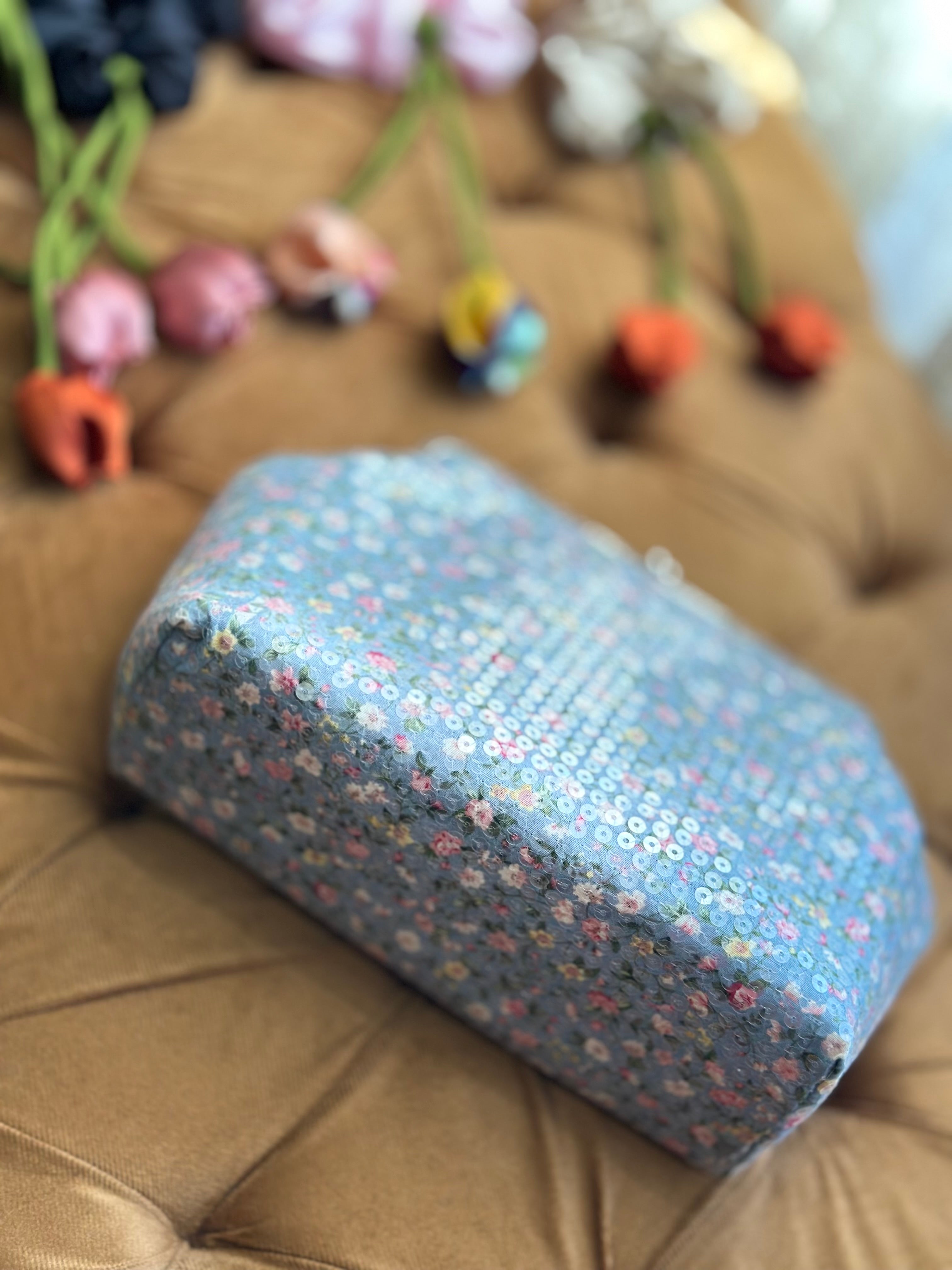 Azure Meadow: Handmade Floral Sequin Frame Clutch Bag