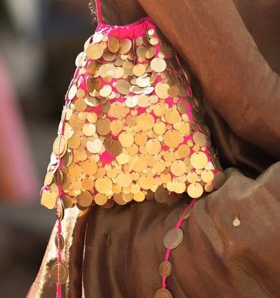 Noor Jahaan: Pink & Gold Hand-Embellished Wedding Potli