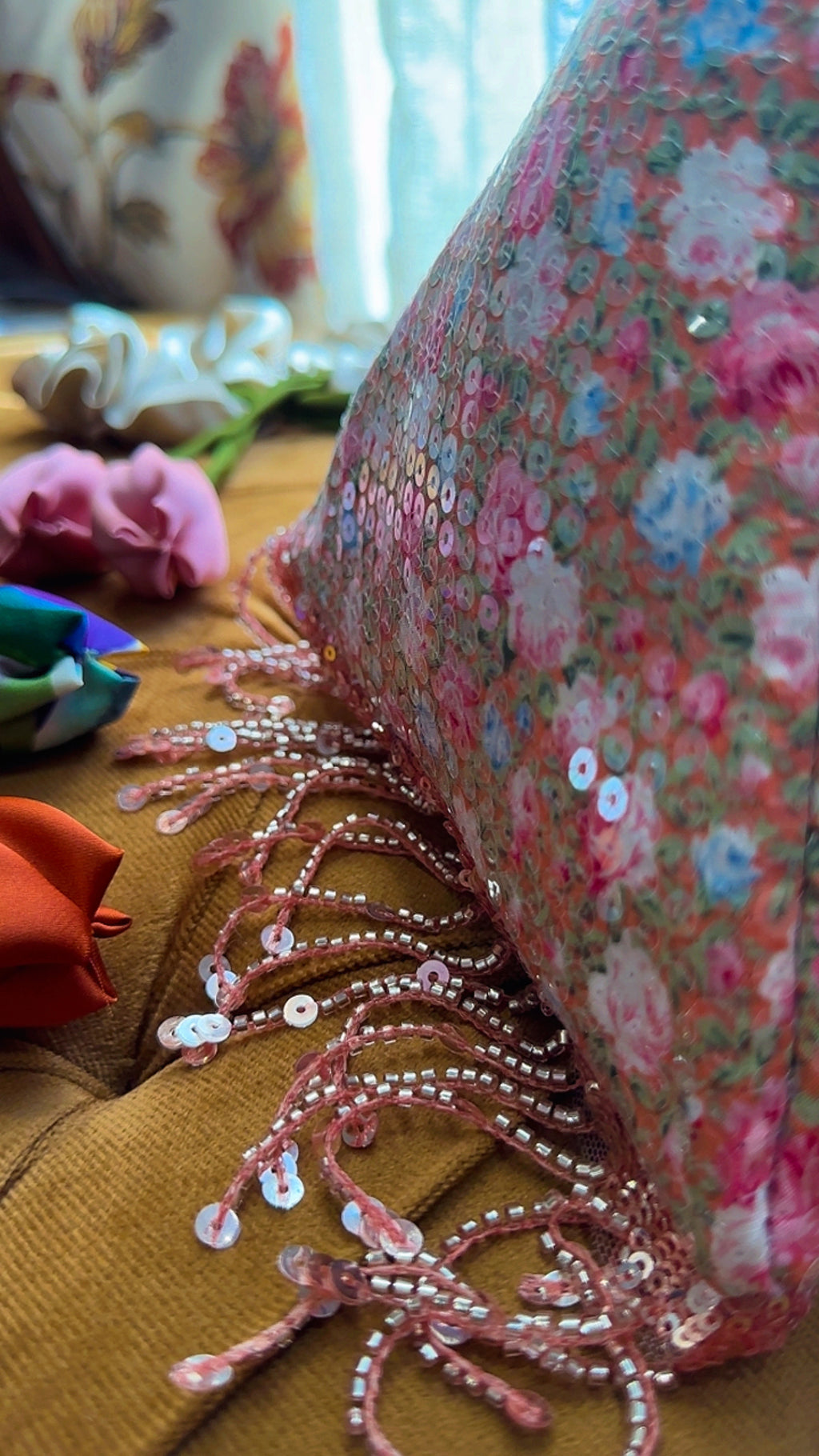 Peach Peony: Handmade Triangle Floral Bag with Beaded Fringe