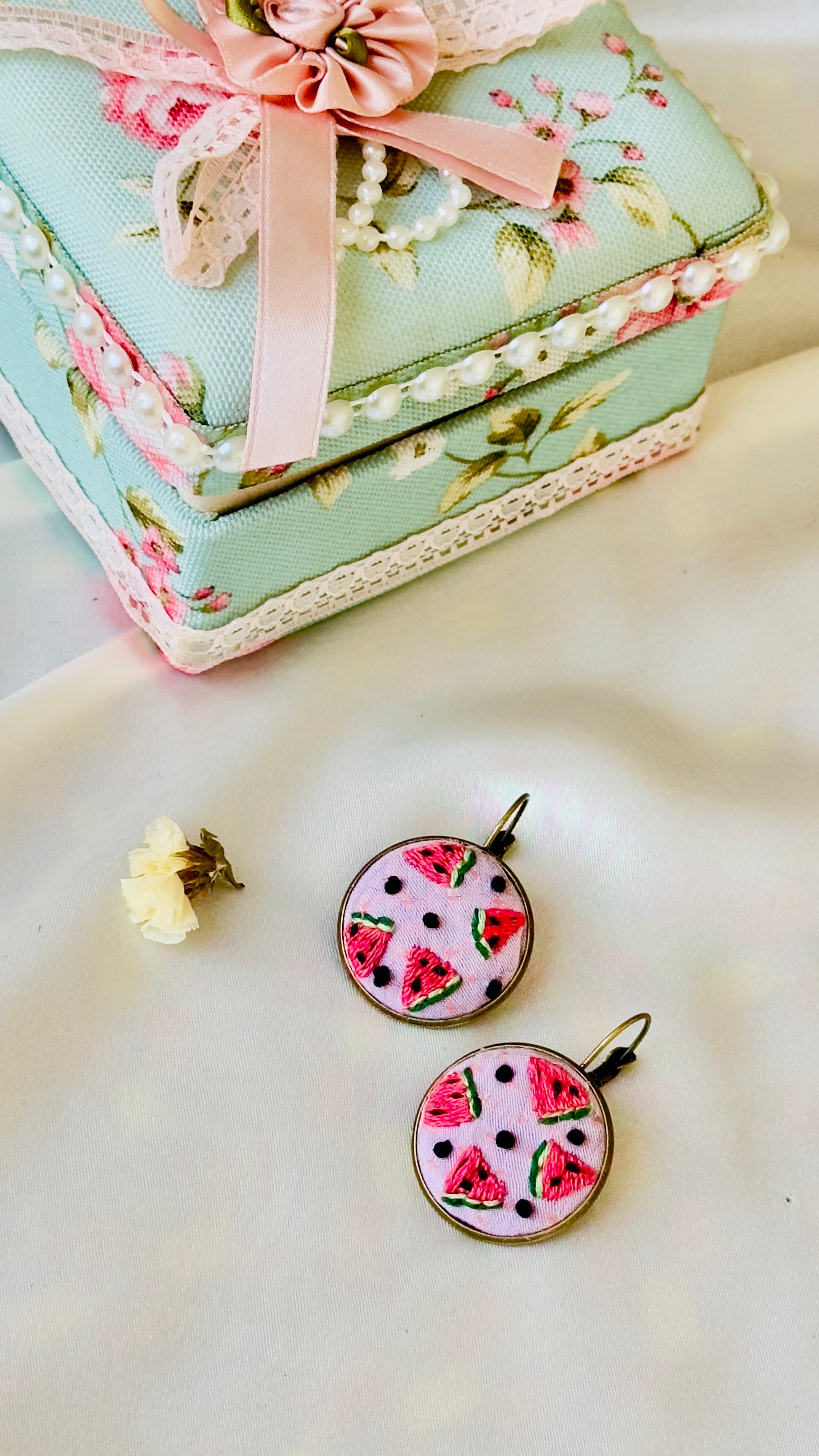 Summer Watermelon Hand-Embroidered Drop Earrings