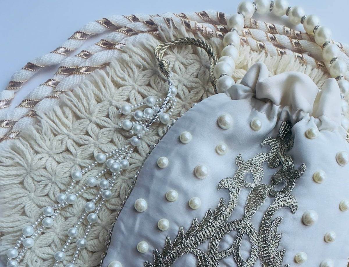 Ivory Heirloom Hand-Embroidered Pearl Potli Bag | Bridal & Wedding Wristlet