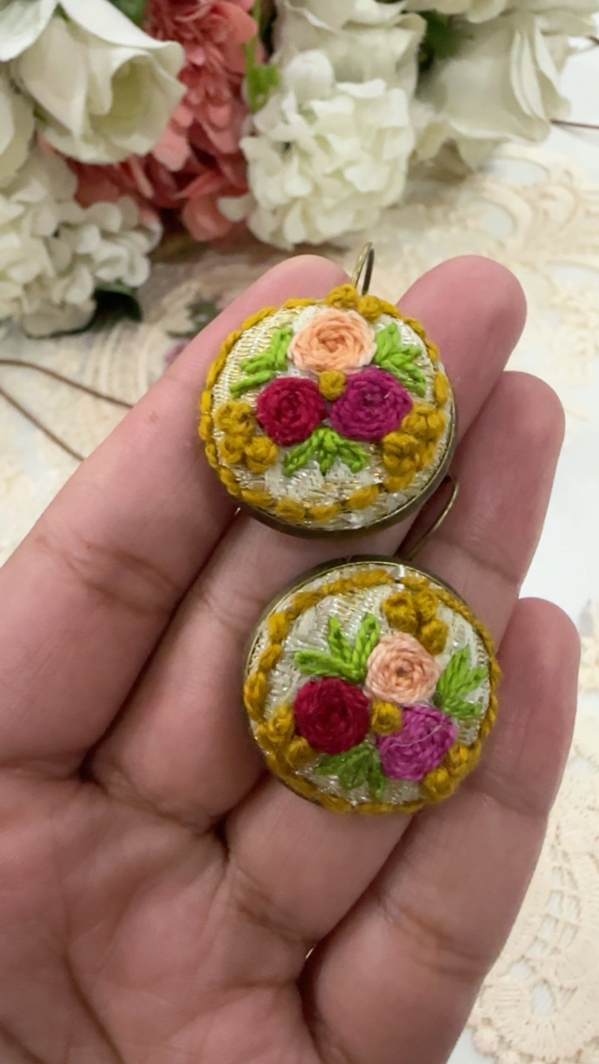 Vintage Rose Garden Hand-Embroidered Floral Pendant Necklace